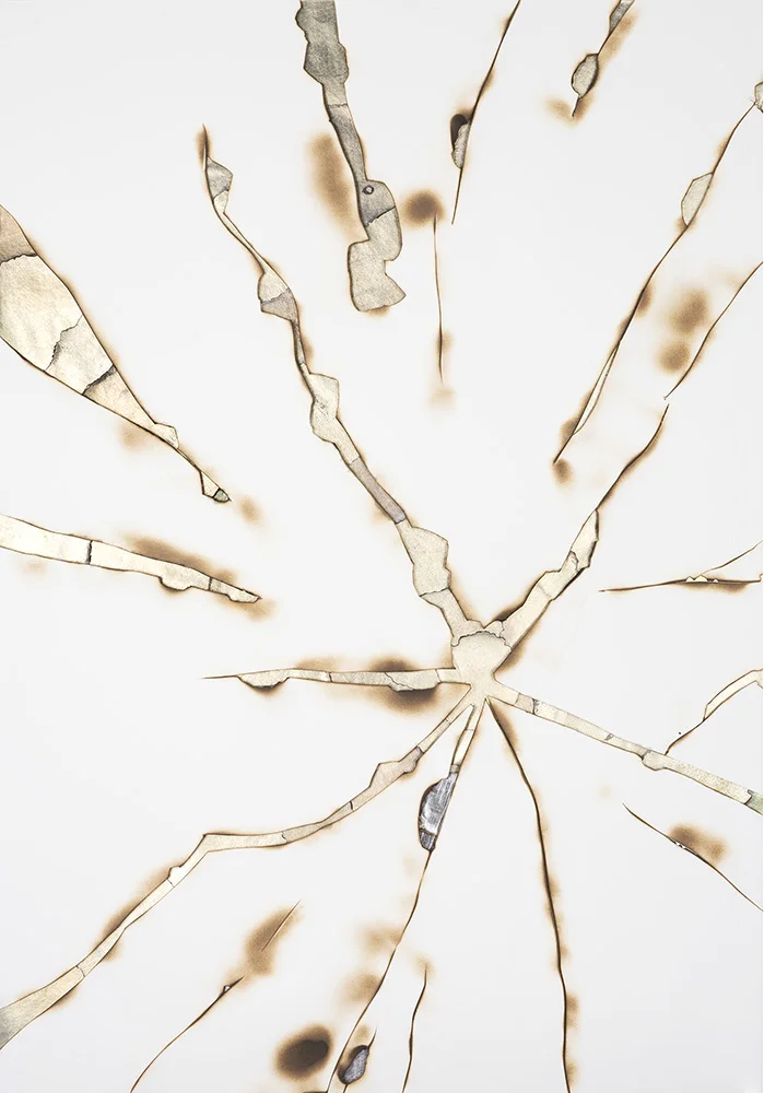 Kelly M. O'Brien, Playing With Fire No. 32 . Paper, gold leaf, flame. 40 x 28 x .25 inches. ©2016.
