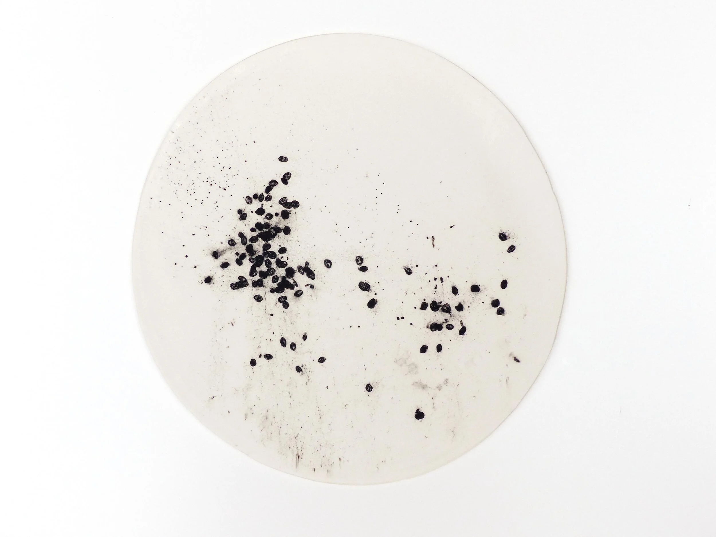  Katja von Ruville leaving traces, Kachel 02 2015 ∅ 26,5 cm Porzellan, schwarzer Reis, Farbkörper, Glasur | porcelain, black rice, pigment, glaze 380,– €  Verkauf:  vonruville@grassgruen.info  