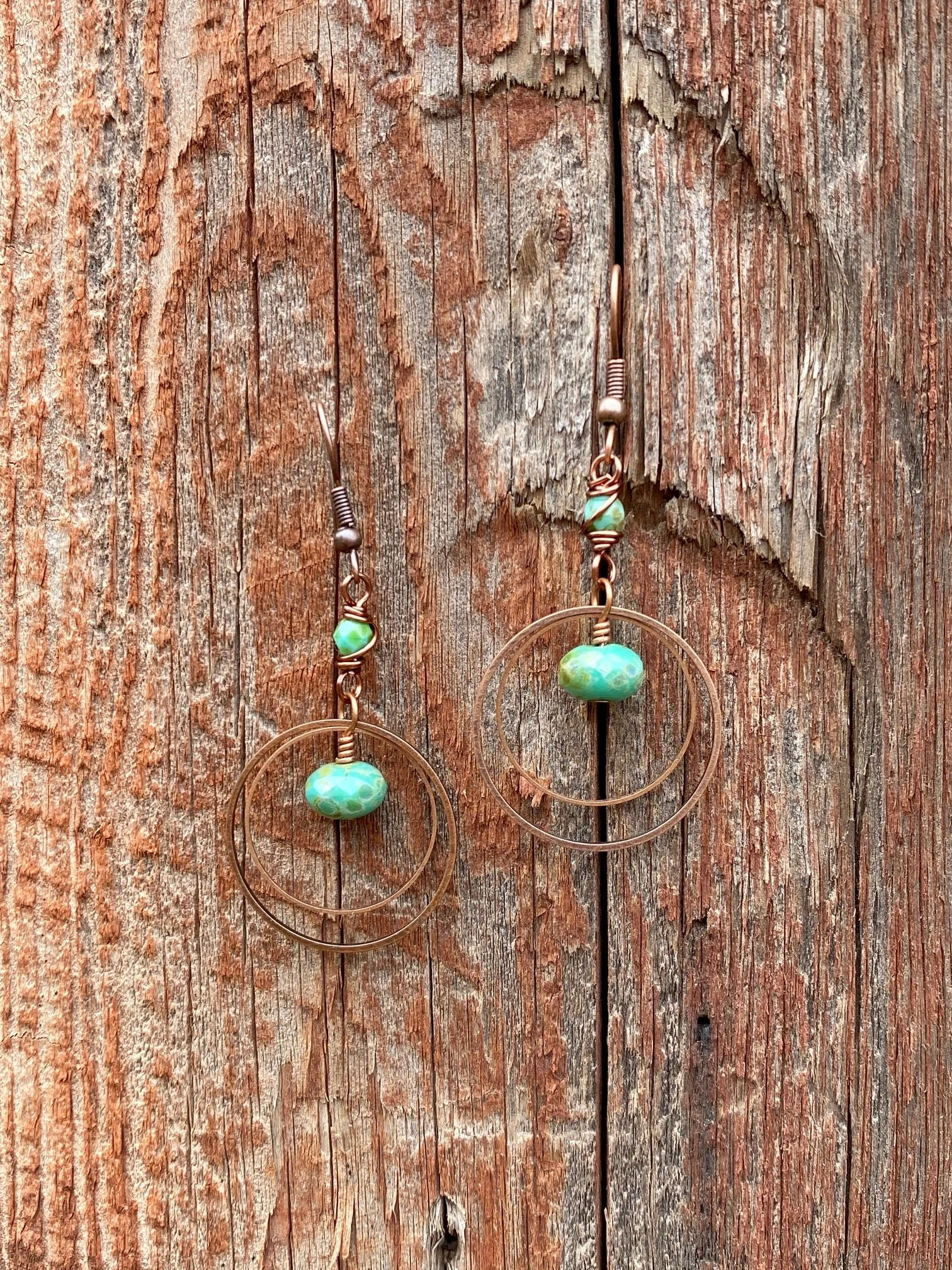 Turquoise Saturn Earrings, Copper Double Hoop