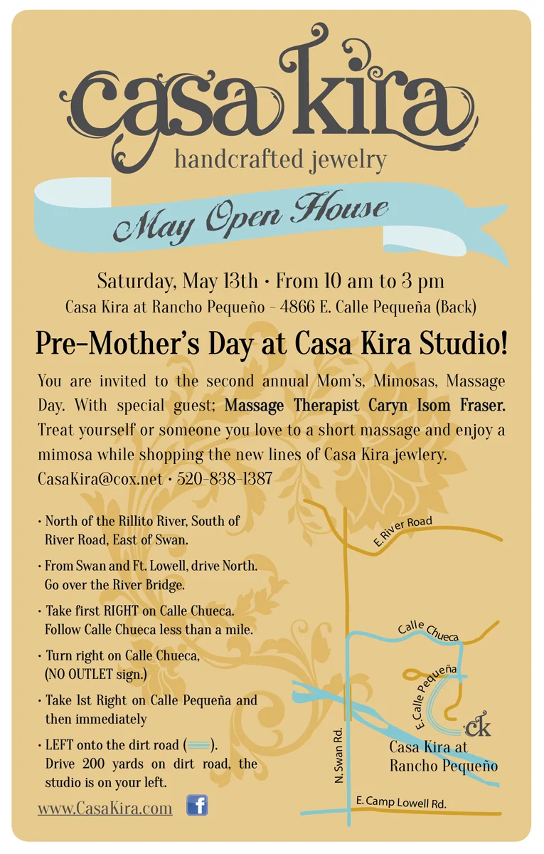 Moms, Mimosas, Massage and Jewelry..Oh My! Stop by the studio Saturday 13th. Enjoy a unique shopping experience! Sip mimosas, indulge in a shoulder massage by Caryn Isom Fraser, and treat yourself or someone you love to a piece of Jewelry from the latest Casa Kira line.