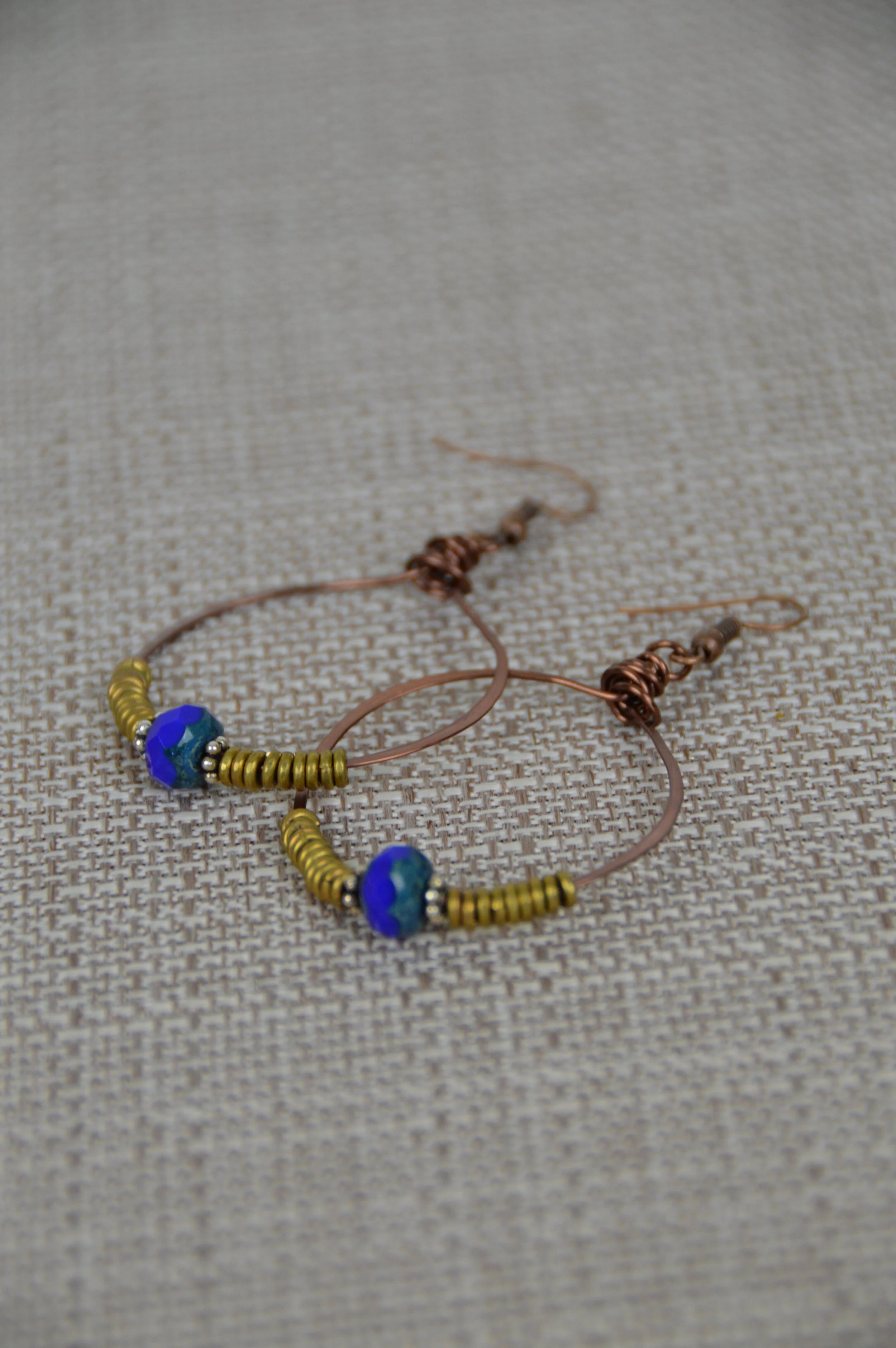 Cobalt blue, Boho Copper Hoop Earrings