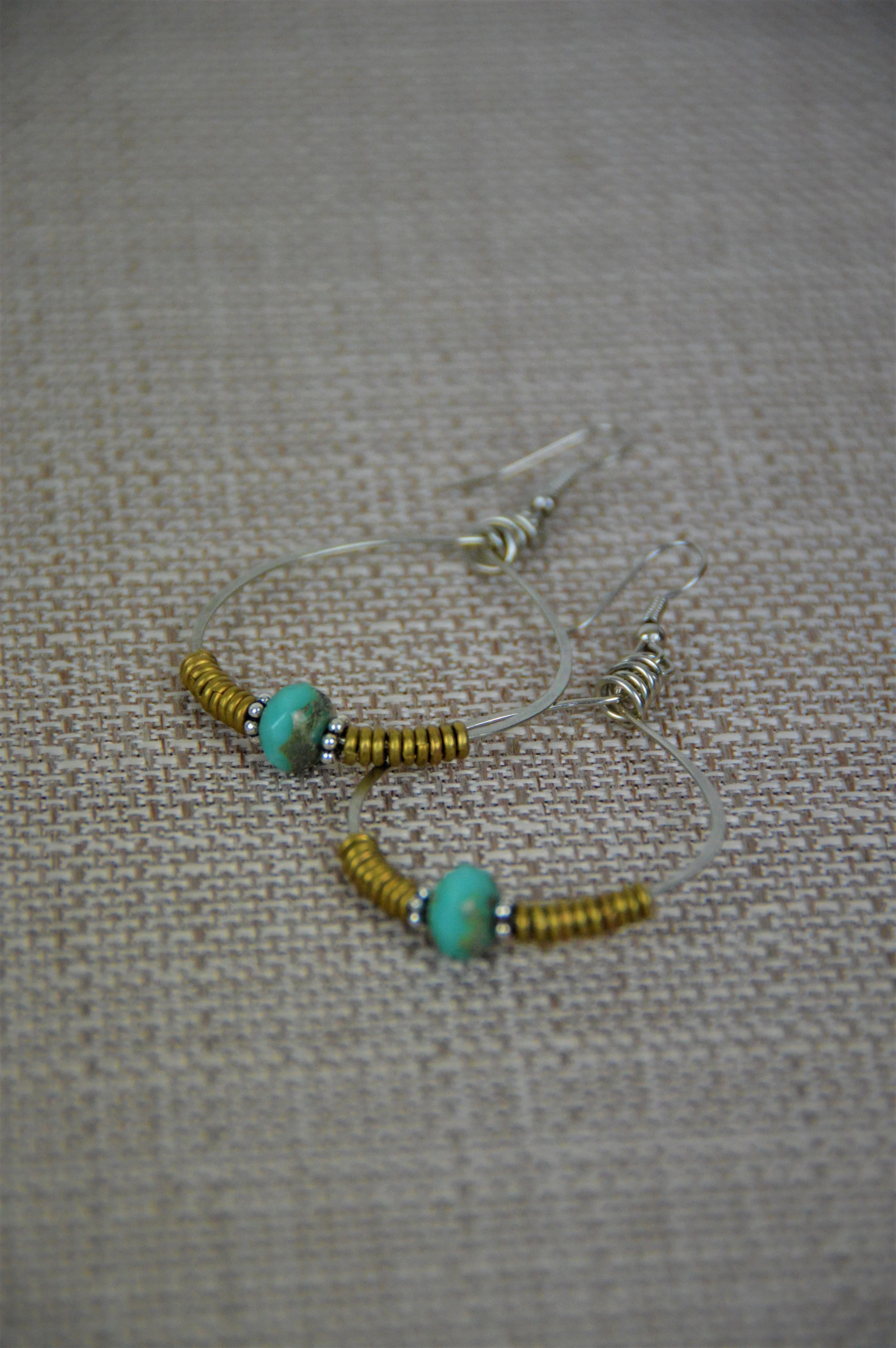 Turquoise, Boho Silver Hammered Hoop Earrings