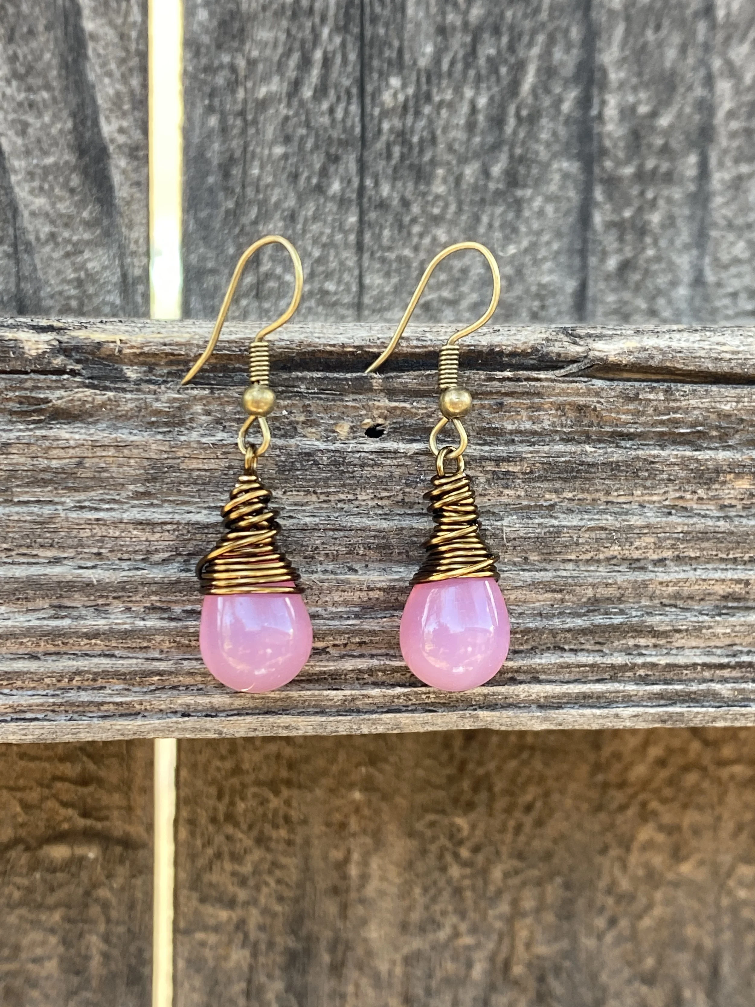 Pink Drop Earring with brass organic knots