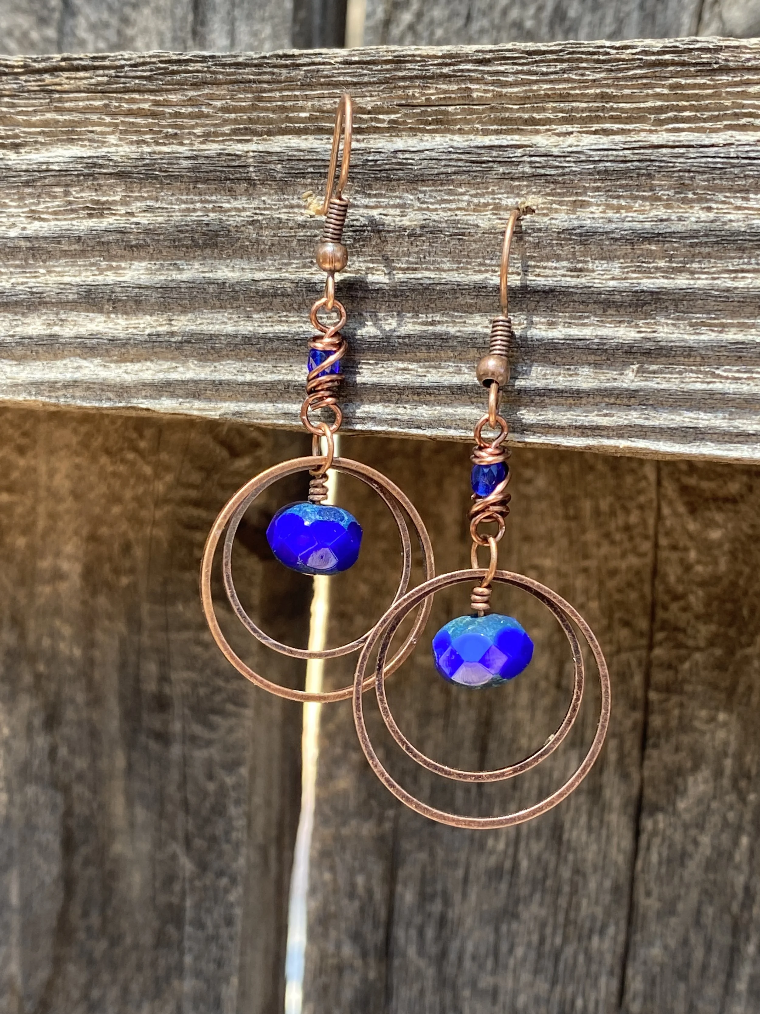 Saturn Earrings, Cobalt Blue Copper Double Hoop