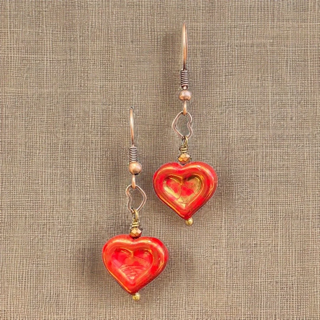 Sweetheart Earrings, Red & Gold
