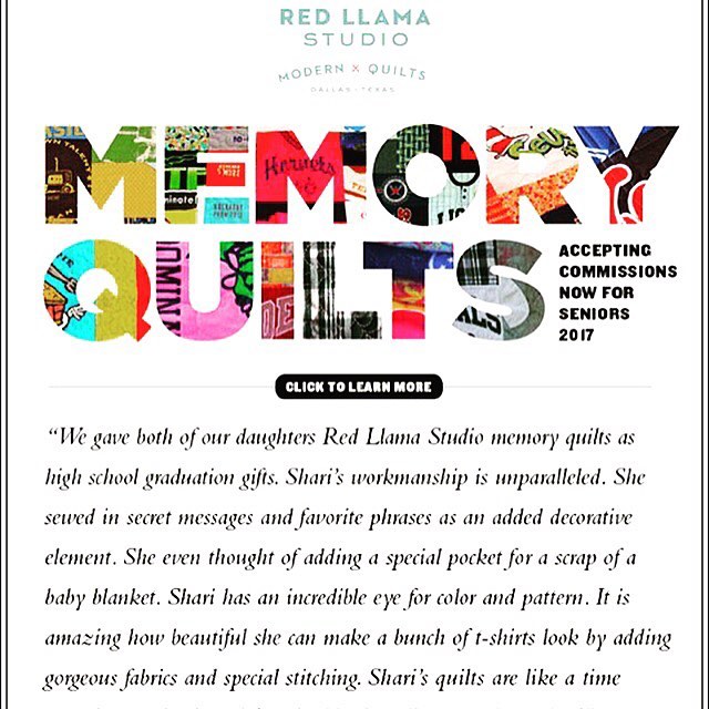 Now accepting commissions for Class of 2017 custom memory quilts! Go to redllamastudio.com for FAQ's on the process or email shari@redllamastudio #moderntshirtquilts#bestgiftever #cozy