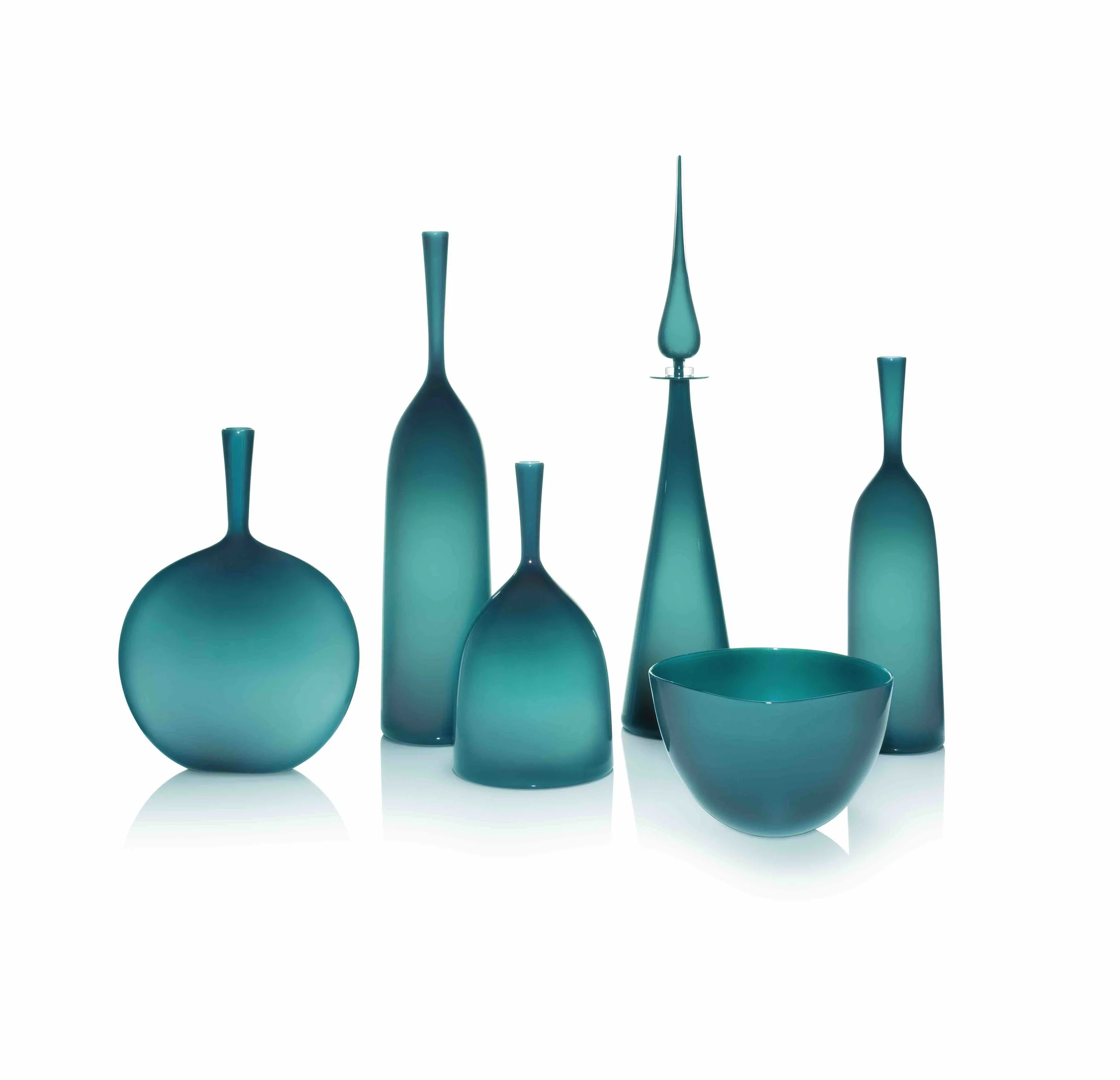 AZURE GROUPING: ANGELIC FLASK, LARGE, WIDE, PETITE DECANTER STRAIGHT CONE, ANGELIC VESSEL BOWL, SMALL ANGELIC BOTTLE