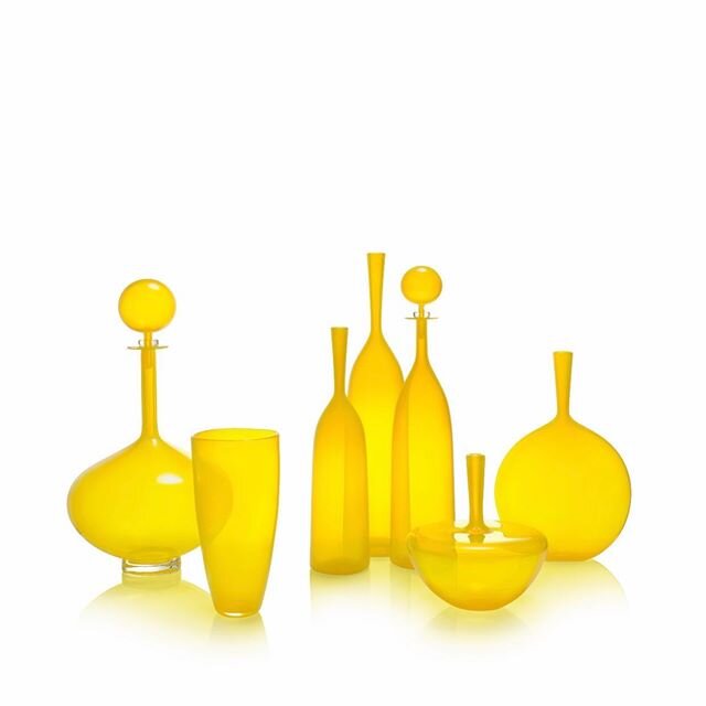 Limoncello Collection. Handmade by JC in Los Angeles. Shop all collections now via web link in bio! &bull;&bull;&bull;#joecariati #blownglass #midcentury #colorinspo #limoncello #glassbottles #barware #decanters #athome #modernculture #moderndesign #