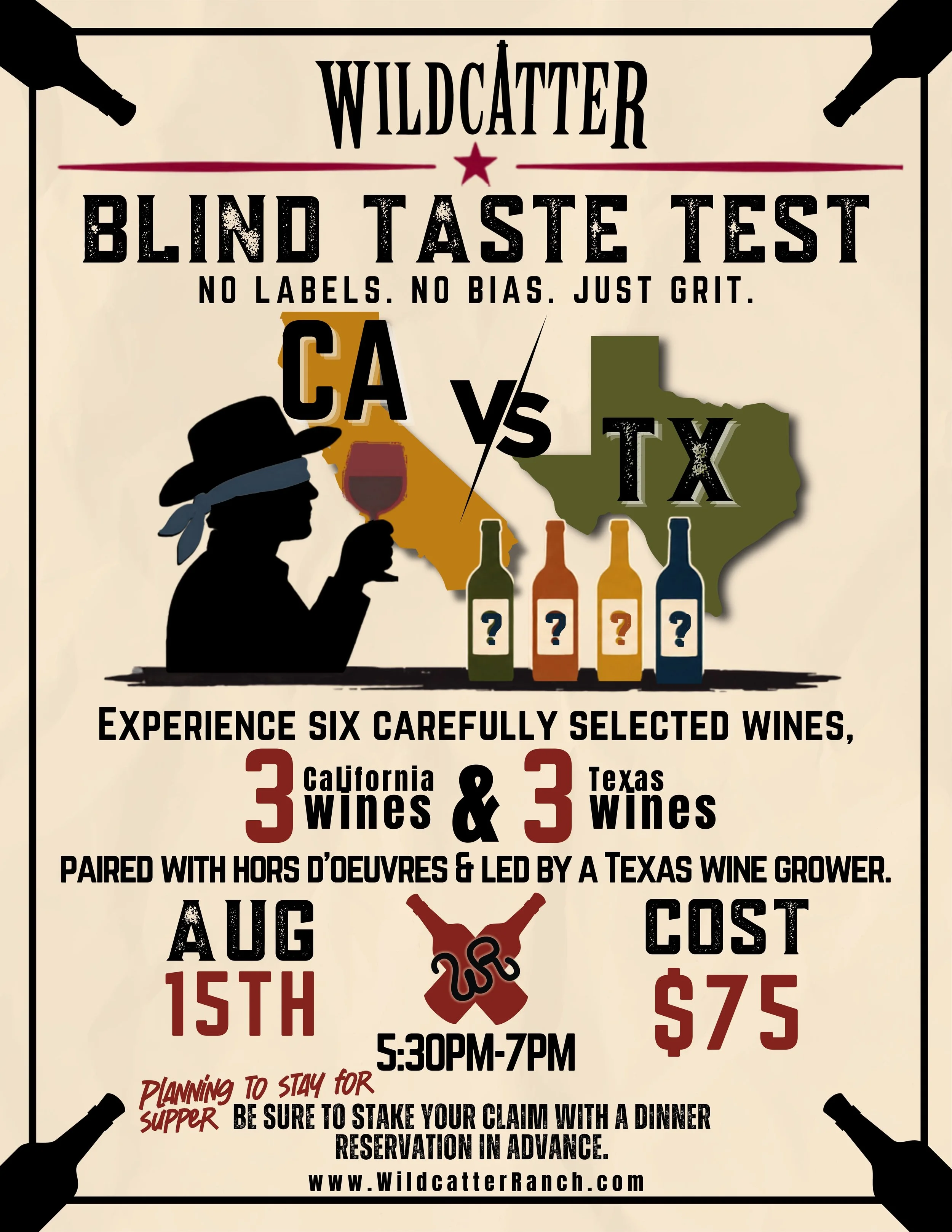 Wine night for a blind taste test between California and Texas Wines at Wildcatter.