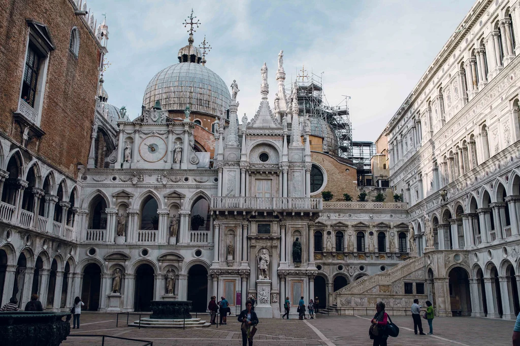 The courtyard of Doge's Palace, looking toward the domes of St. Mark's Basilica.