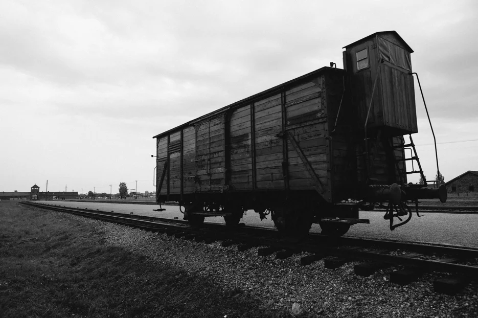 Train car along the sorting platform at Auschwitz II - Birkenau