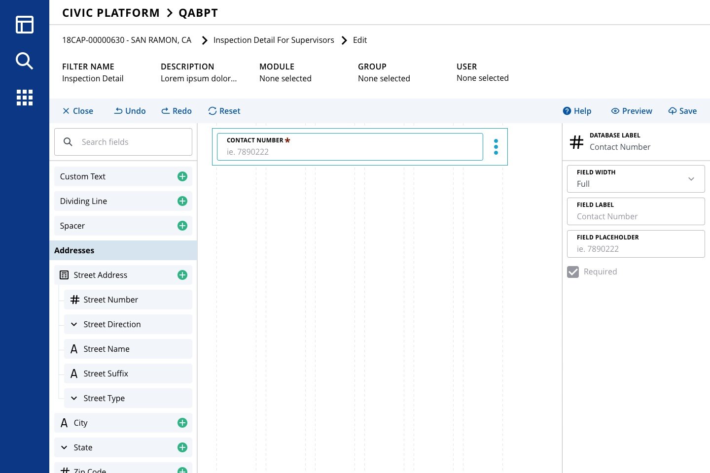  Form Builder interface, showing an otherwise blank form with one required field, focused to show a property pane with several configuration options. 