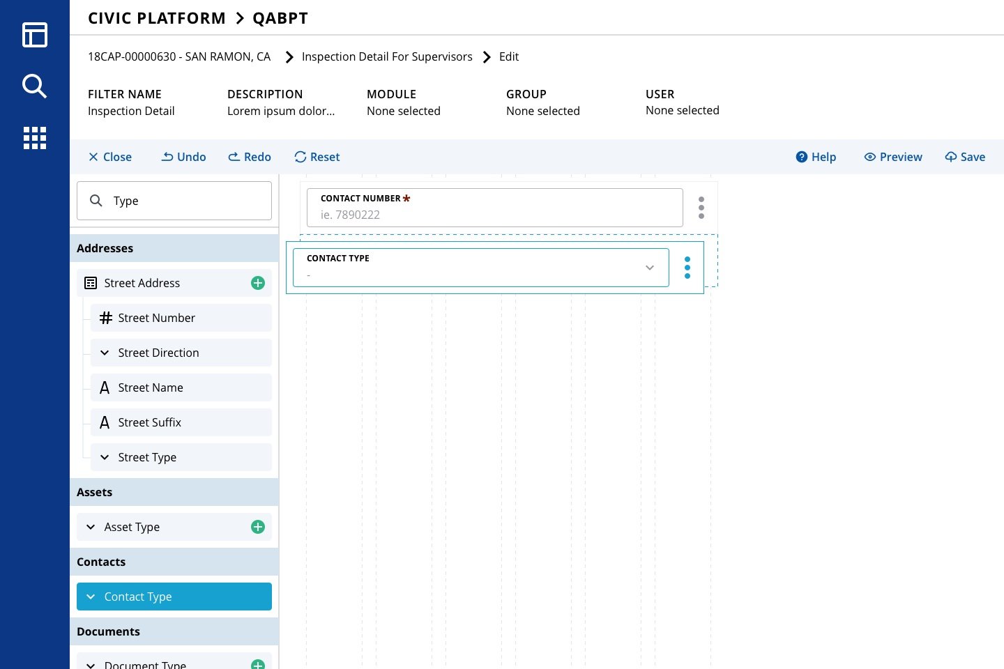  Form Builder interface, showing drag and drop functionality to bring a new component onto the form. 