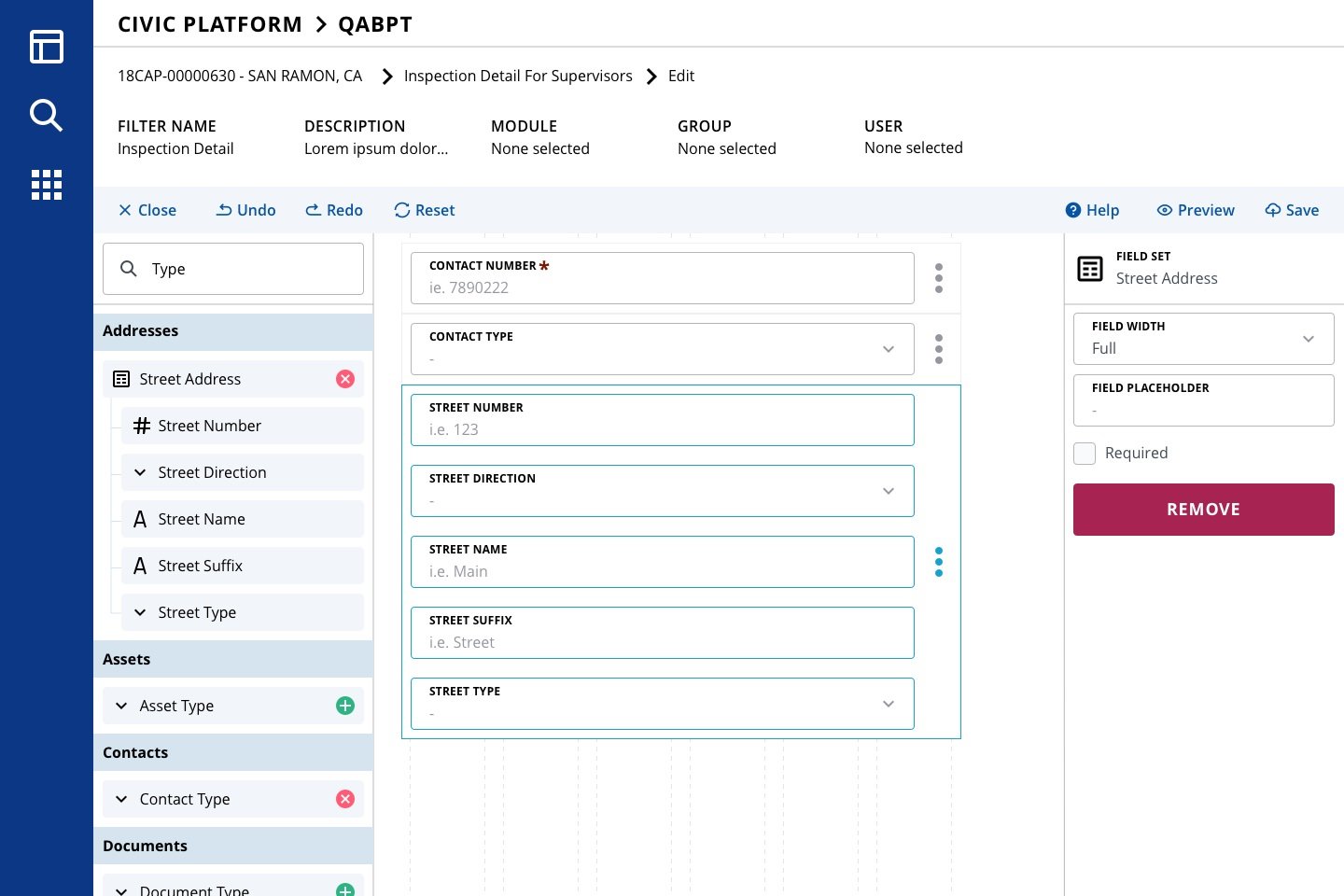  Form Builder interface, focused on a field set of five fields to show a property pane with several configuration options for the field set as a whole. 