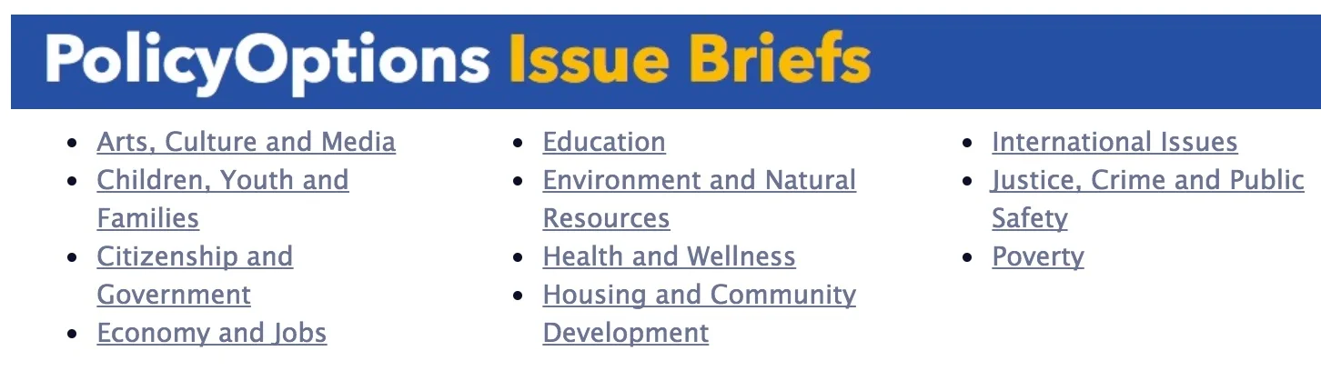 Index of issue brief topic areas. Click to search.