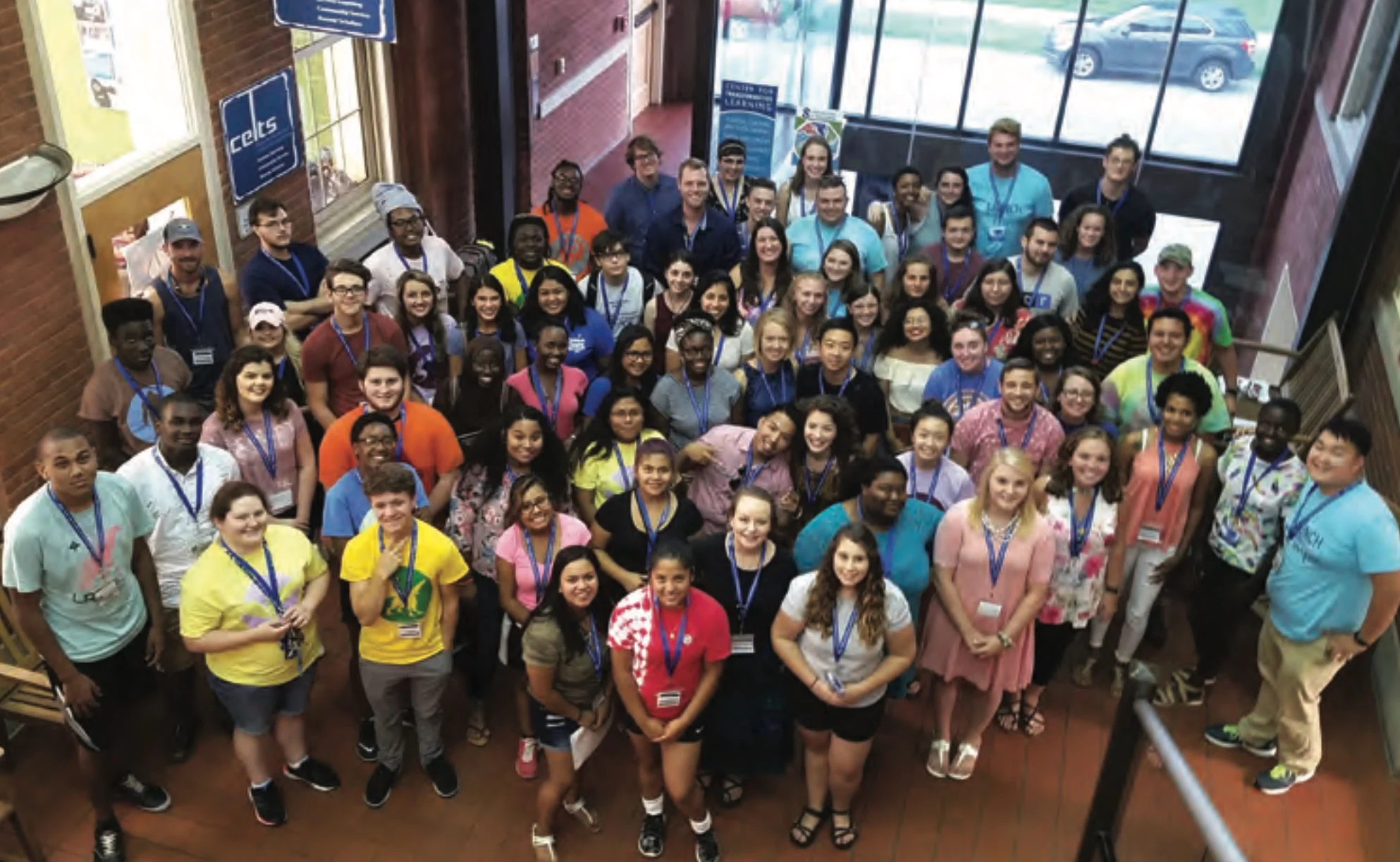 In a given year, CELTS employs approximately 70 students in primary labor positions. Here the student labor staff for the 2017-18 academic year gathered outside the CELTS of ce space in the Stephenson Building.