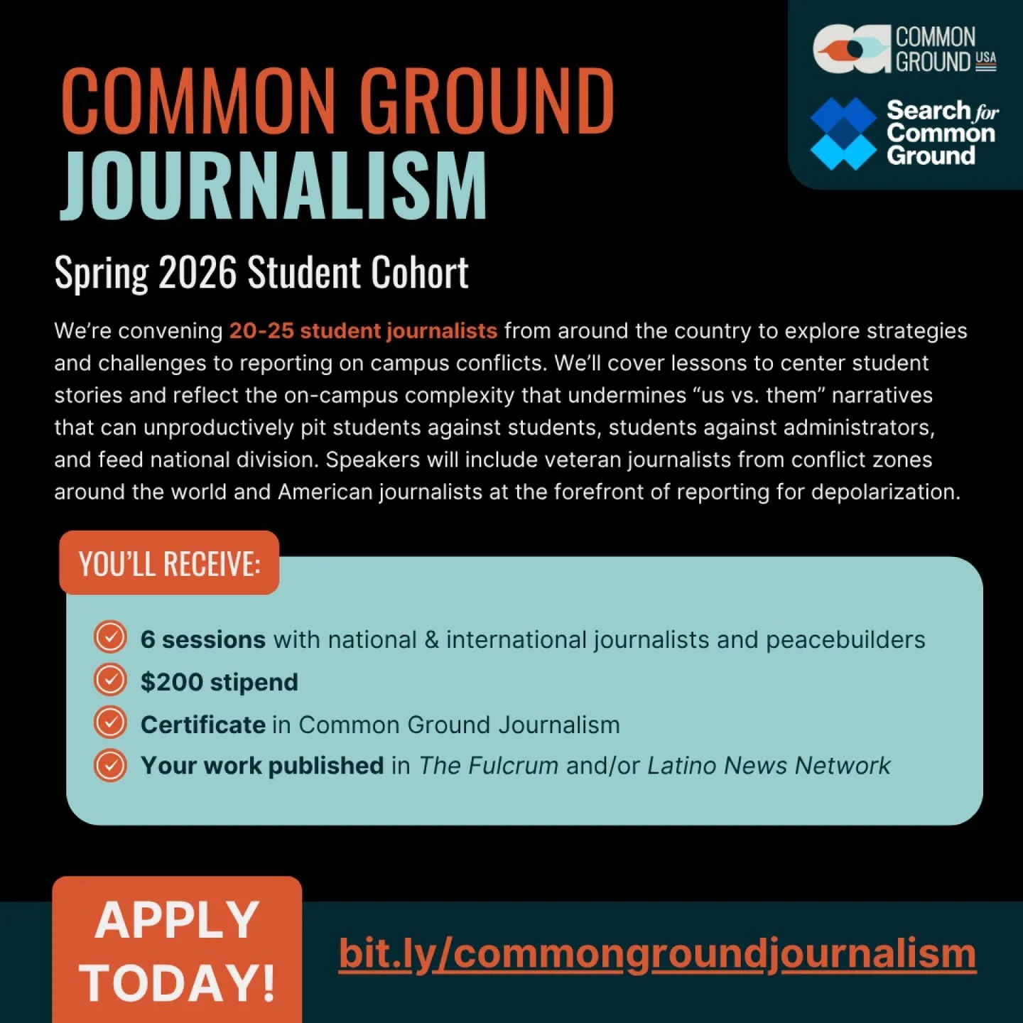 🌟 Common Ground USA Spring 2026 Opportunities 🌟

Accepting Applications &mdash; Common Ground Journalism Student Cohort!

Common Ground USA is looking for student journalists for the Spring 2026 cohort! Selected students will engage with national a