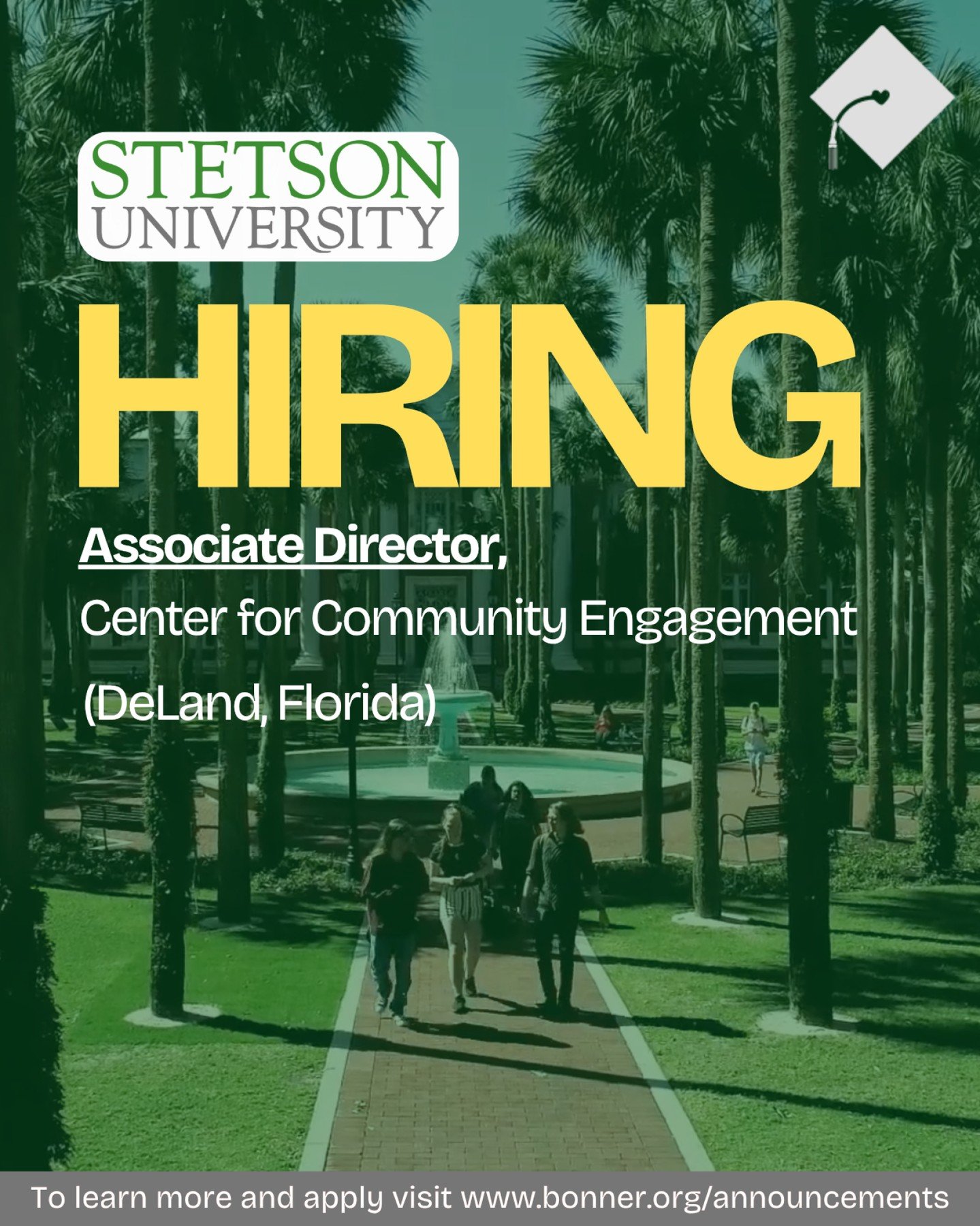 Stetson University, Center for Community Engagement is seeking two community engaged positions within the Bonner Program! Join them in strengthening student leadership and deepening community partnerships.

Positions Available:
⭐Associate Director, C