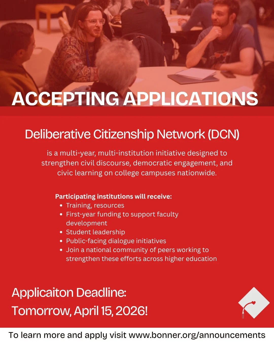 Deliberative Citizenship Network (DCN), is a new initiative aimed at enhancing civil discourse and deliberative learning across higher education! This is a fantastic opportunity for colleges and universities to build or expand programs that foster th