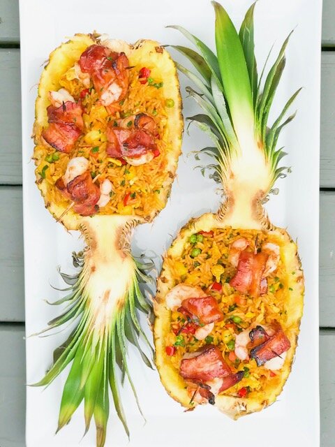 BBQ Bacon Wrapped Shrimp and Pineapple Fried Rice