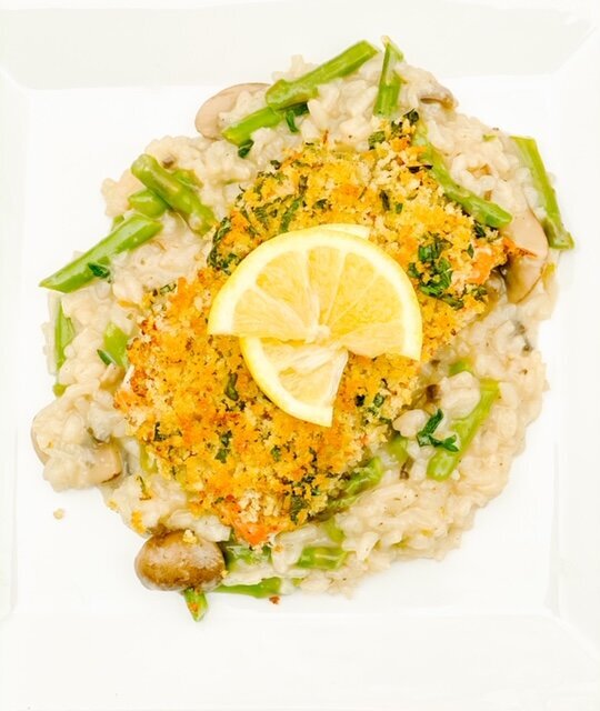 Panko Crusted Salmon with Mushroom, Asparagus, and Lemon Risotto