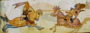 Miniature from the Luttrell Psalter ca. 1335-1340 of Richard the Lionheart unhorsing Saladin.