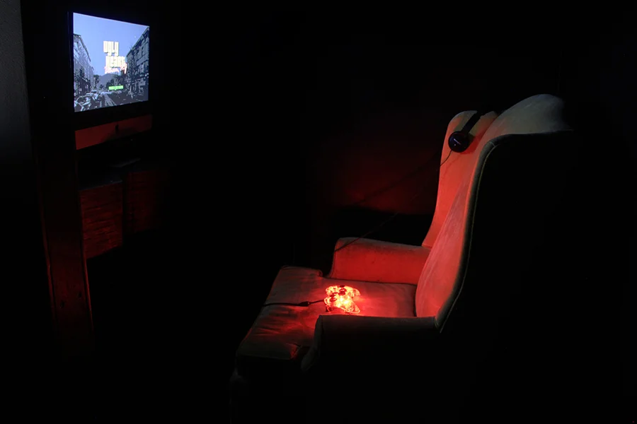 drywall, homasote, paint, plywood, acrylic, LED lights, personal objects, desktop computer, game controller, headphones, speakers, stanchions, fabric 2017