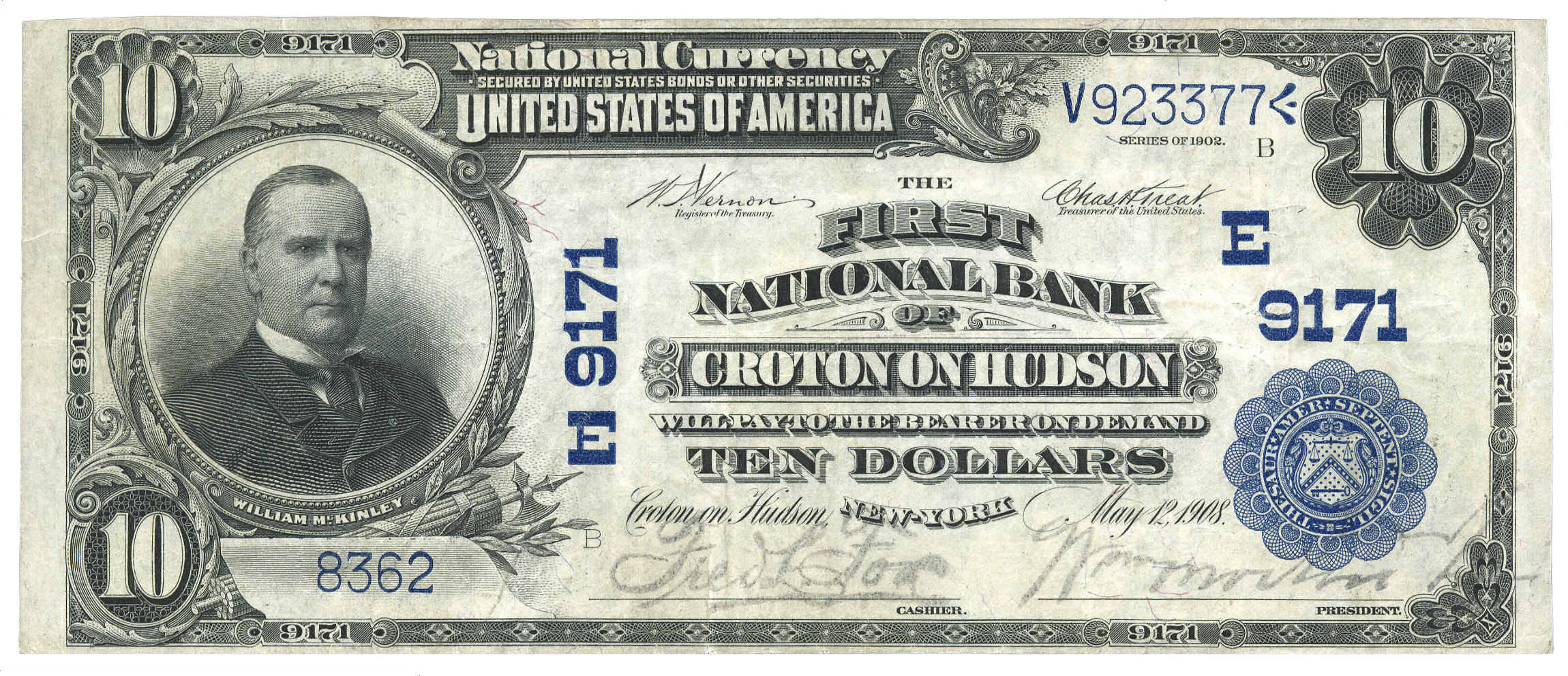 A $10.00 bill issued by the First National Bank of Croton-on-Hudson, which opened in 1908.