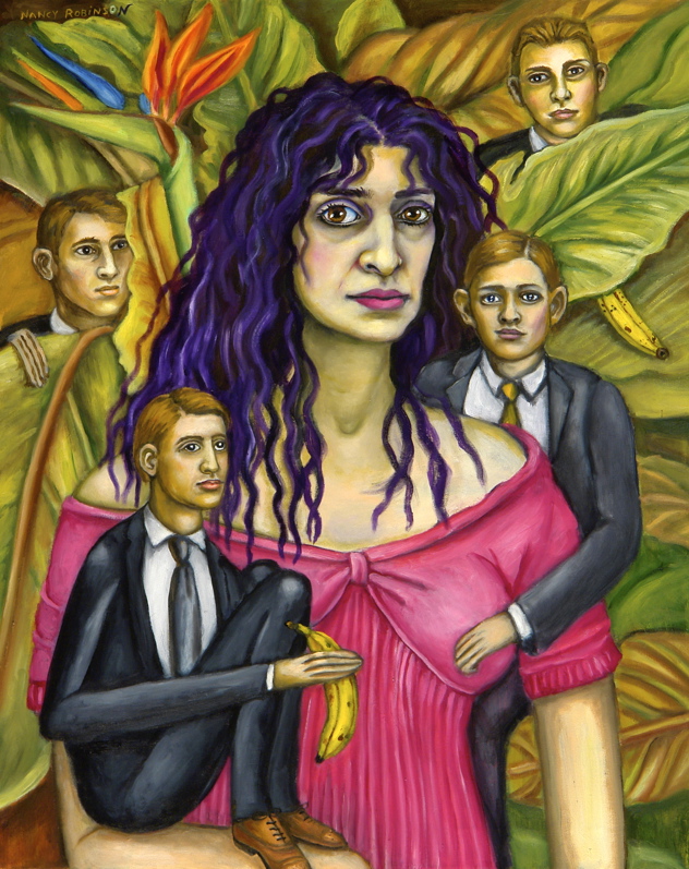 Self-portrait with Monkeys , 2007, oil on canvas, 30" x 24"