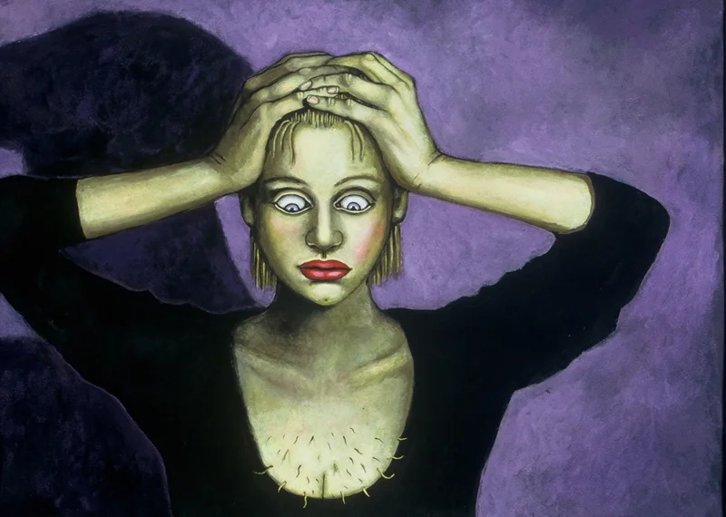 Fear of Intimacy , 1997, casein on watercolor paper with 3-D hair sticking out of her chest, 30" x 37"