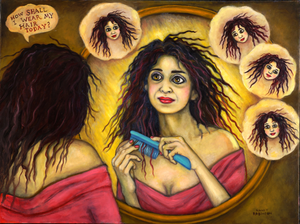Self-portrait as a Hairdo Dol l , 2016, oil on canvas, 30" x 40"