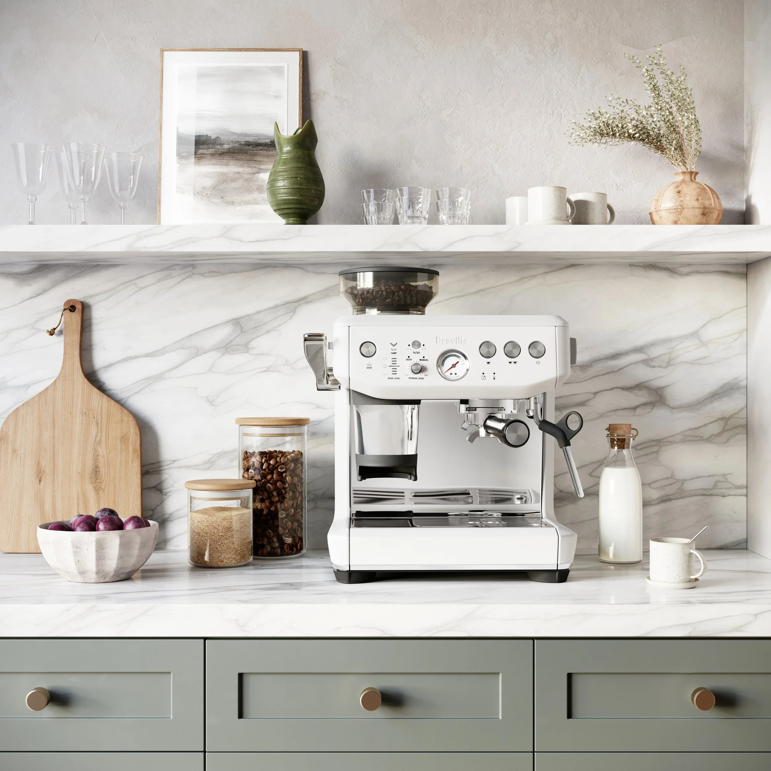  wild ember creative, cgi photography, cgi kitchen, cgi espresso machine, breville, modern kitchen, green kitchen cabinents, photo realistic cgi 
