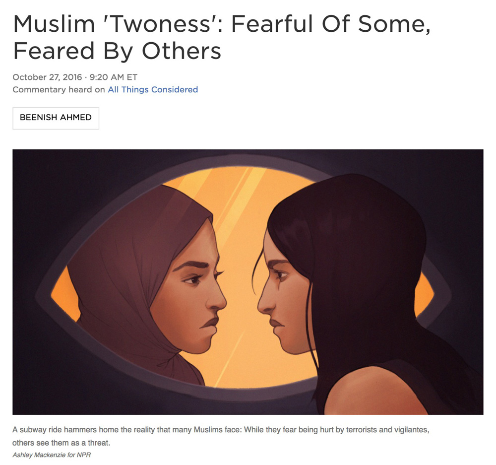  Illustration:  Ashley Mackenzie   Art Direction: Ariel Zambelich  Story:  Muslim 'Twoness': Fearful Of Some, Feared By Others  
