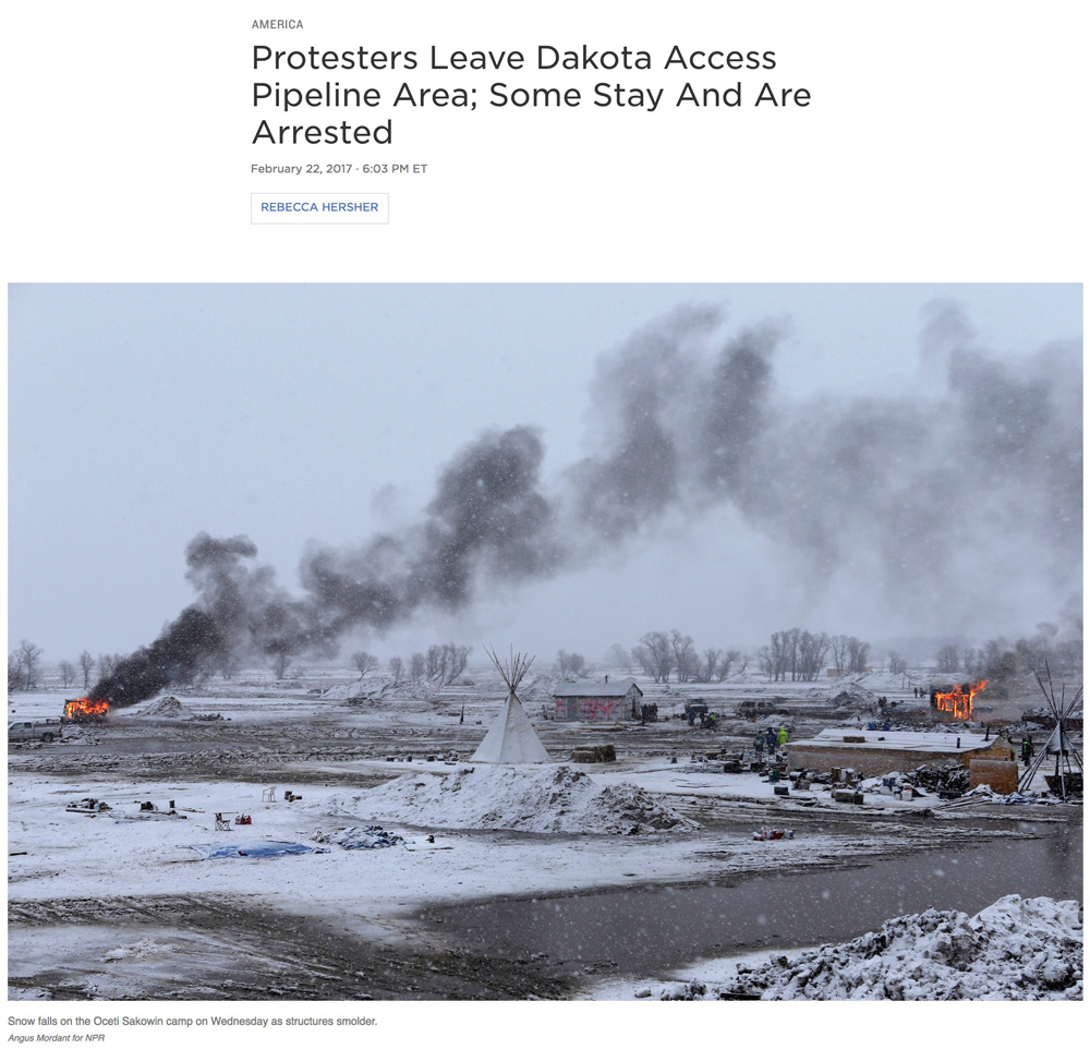  Photography:  Angus Mordant   Photo Editing + Direction: Ariel Zambelich  Story:&nbsp; Protesters Leave Dakota Access Pipeline Area; Some Stay And Are Arrested  