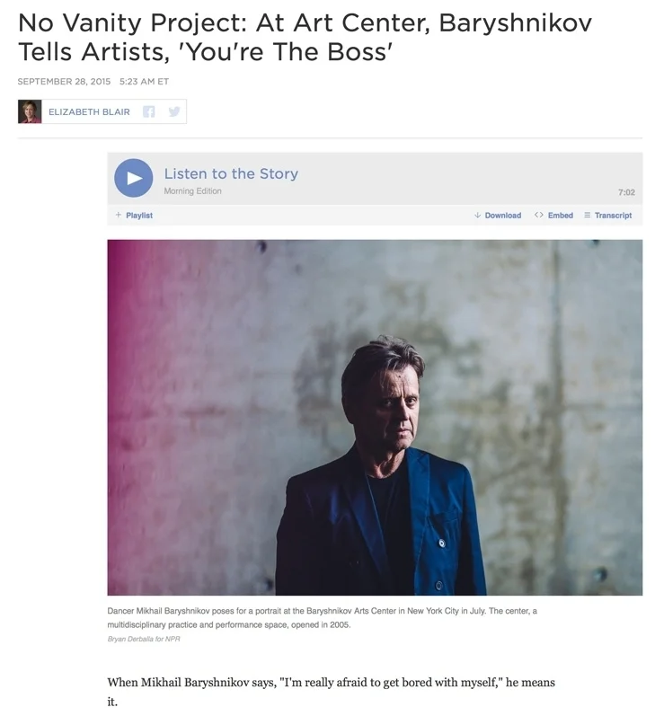 Photography: Bryan Derballa Photo Editing + Direction: Ariel Zambelich Story: No Vanity Project: At Art Center, Baryshnikov Tells Artists, 'You're The Boss'