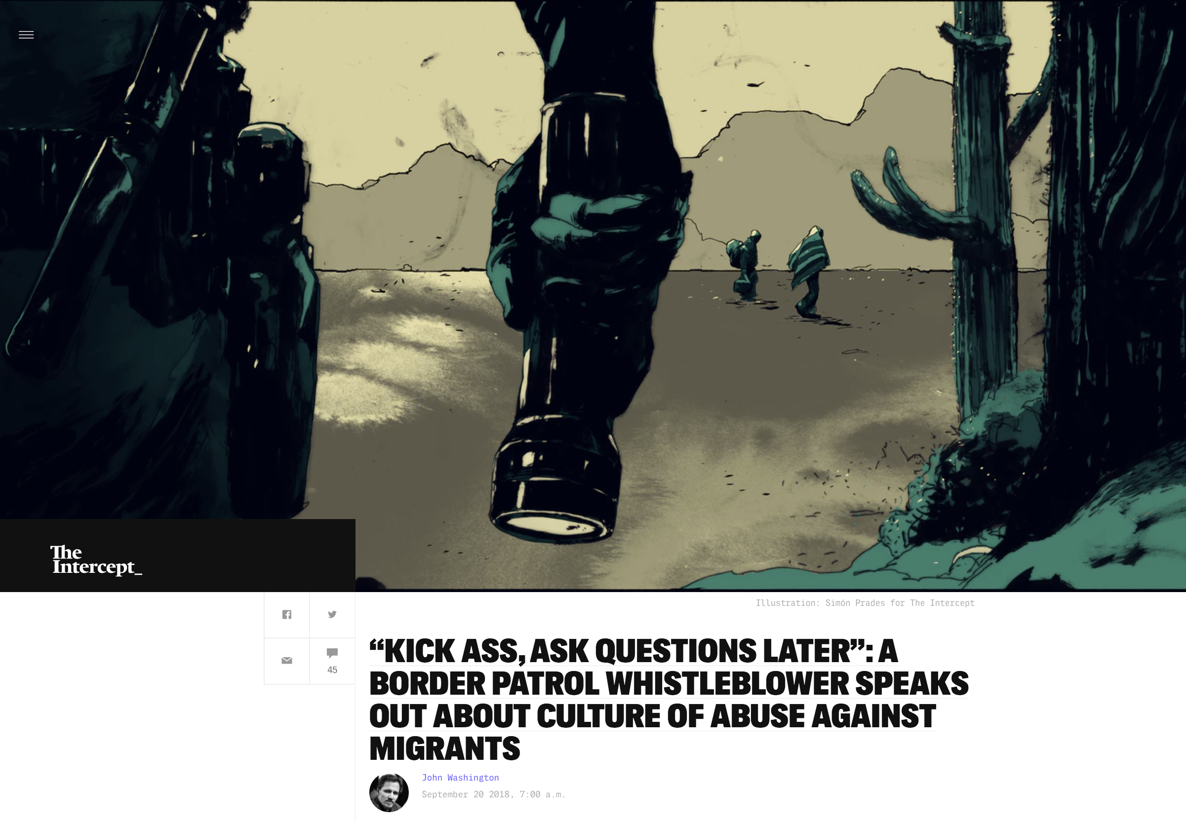 Illustration:  Simón Prades   Art Direction: Ariel Zambelich  Story:  “Kick Ass, Ask Questions Later”: A Border Patrol Whistleblower Speaks Out About Culture Of Abuse Against Migrants  