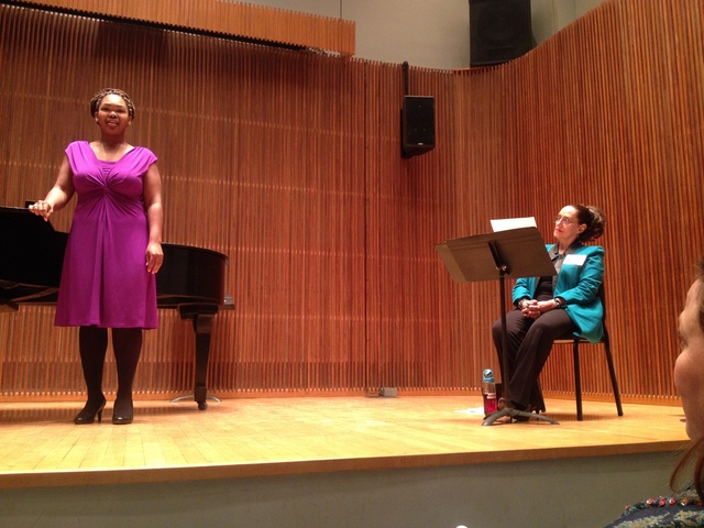 Jeannette LoVetri works with an Oberlin student during a master class.