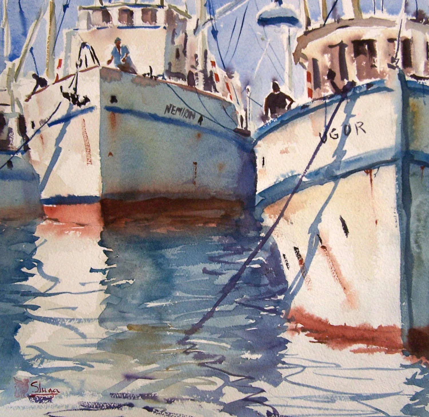 Trawlers The water in this painting is quite busy with ripples and broken reflections. You can see on close inspection that it was painted in sections allowing a little bleeding of colour. The brush was allowed to dance across the page in a side to side motion to create the movement, but I made sure that I didn’t lose those all important white areas.