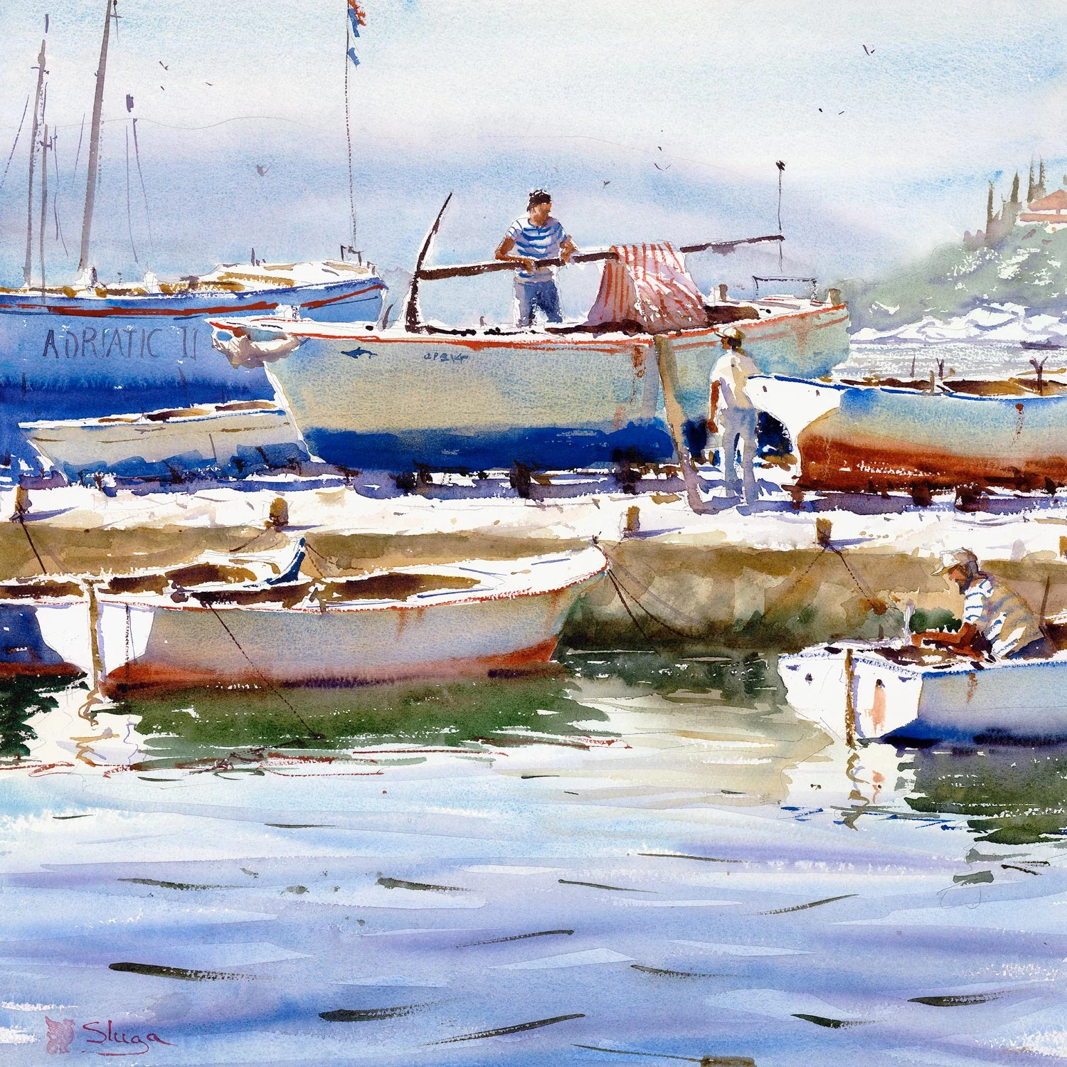 Sunday Afternoon, Dalmatia The water in this painting has a lovely velvety feel about it. An initial wash was put down using Cerulean Blue and changing it to Cobalt Blue as I came forward (or to the bottom of the page). While this was still wet, I added some violet ripples with thicker paint. I made sure this was thick enough to bleed just a little and produce soft edges. Too thin and it would have disappeared altogether. After this was dry, I glazed randomly and gently over the foreground with a watery wash of Violet, just to give it a little more depth. Finally, I added those dark strokes just to give it a little more punch. Take note of the tones of the reflections of the boats in this painting.