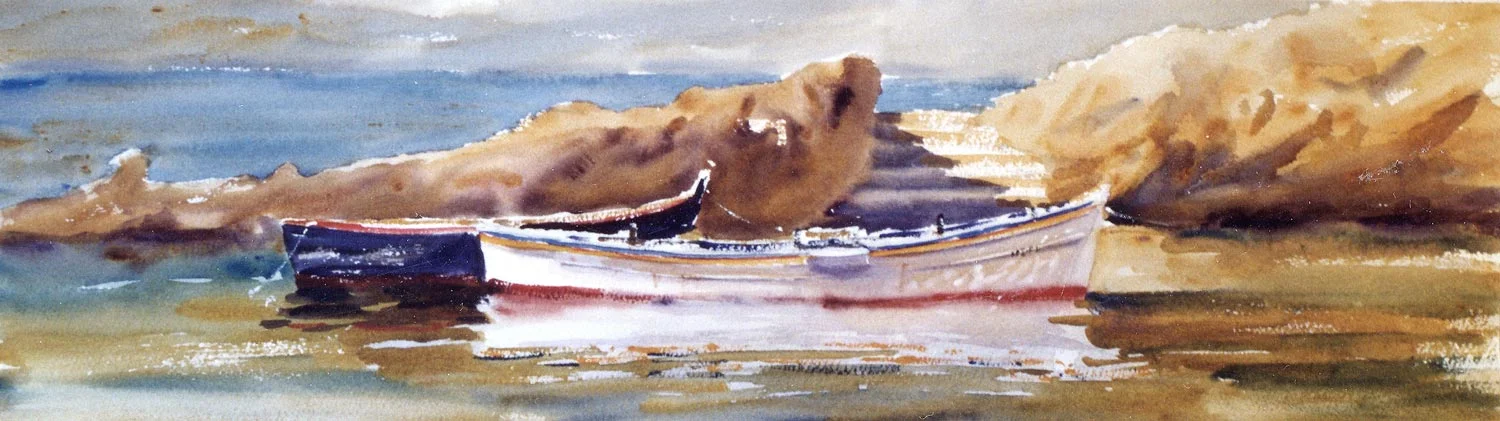 Sunny Day, Giglio Island This painting has a great sense of light and sun. The reflection of this beautiful white boat was painted at the same time as the boat. It didn’t have to be the perfect shape to begin with as I knew that the surrounding water would be darker and I chiseled out the shape of the boat with this dark negative space.