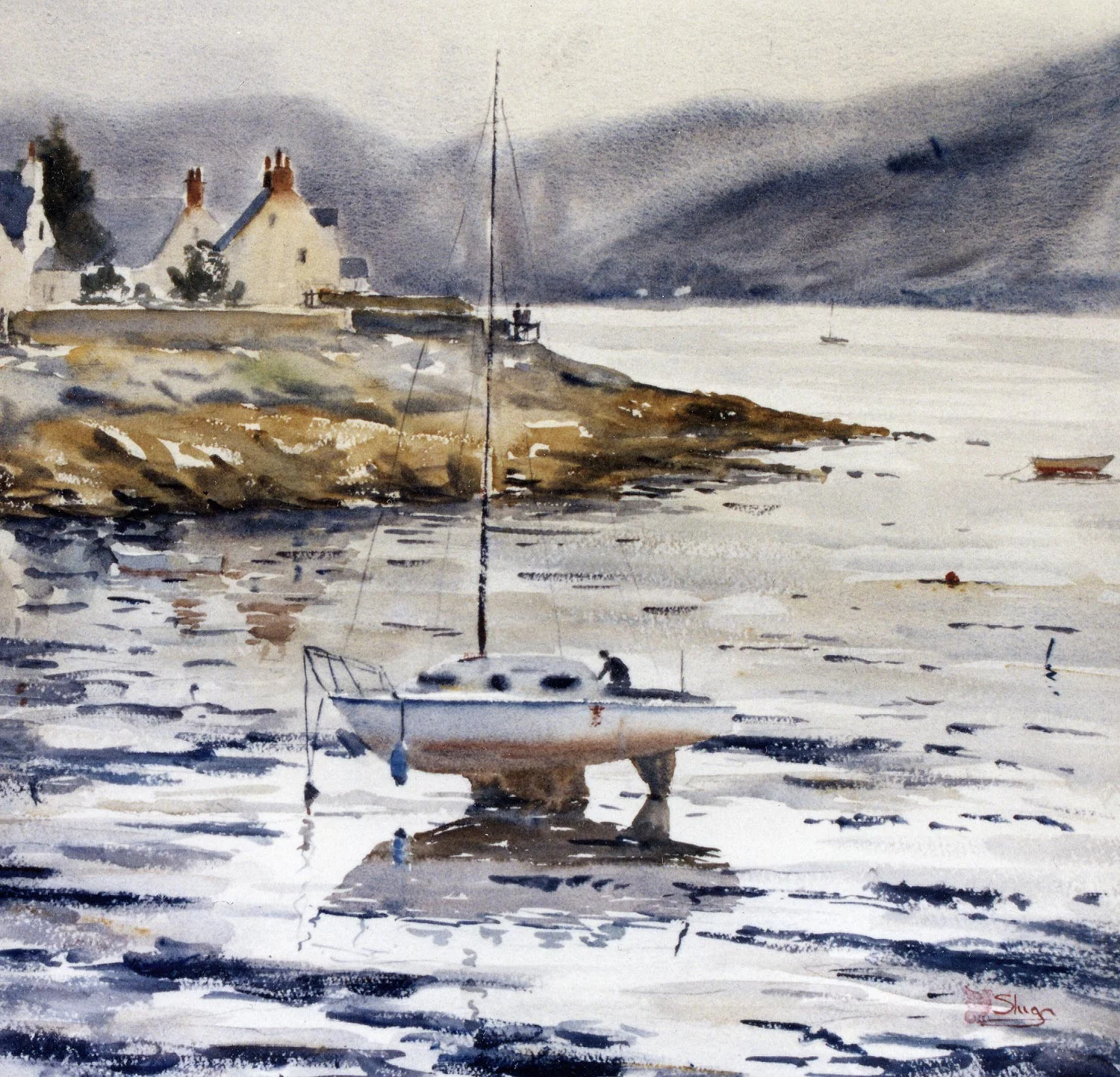 Plockton, Scotland In this painting the low tide has left pools of water amongst the mud and sand. The lone boat sitting on its double keel is reflected in one of these puddles. It can be seen that the reflection is not an inverted copy of the boat, but instead we get a sense that the underside of the boat is reflected.