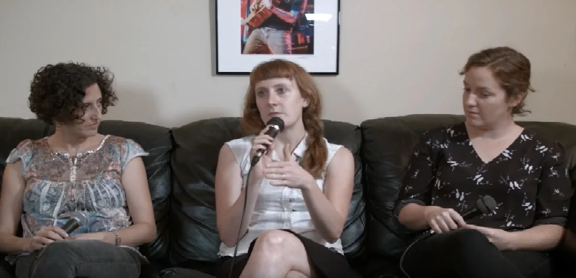 (L to R) Natalya Weinstein, Amanda Anne Platt, and Hannah Kaminer on set at IAMAVL for the video which serves as the starting point for our podcast episode.