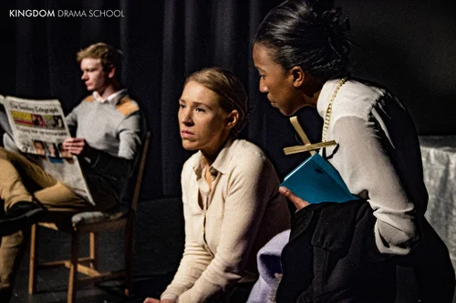Anthony Rhodes, Susannah Wells and Kara John performing in their end-of-term showcase at the New Diorama Theatre, London.