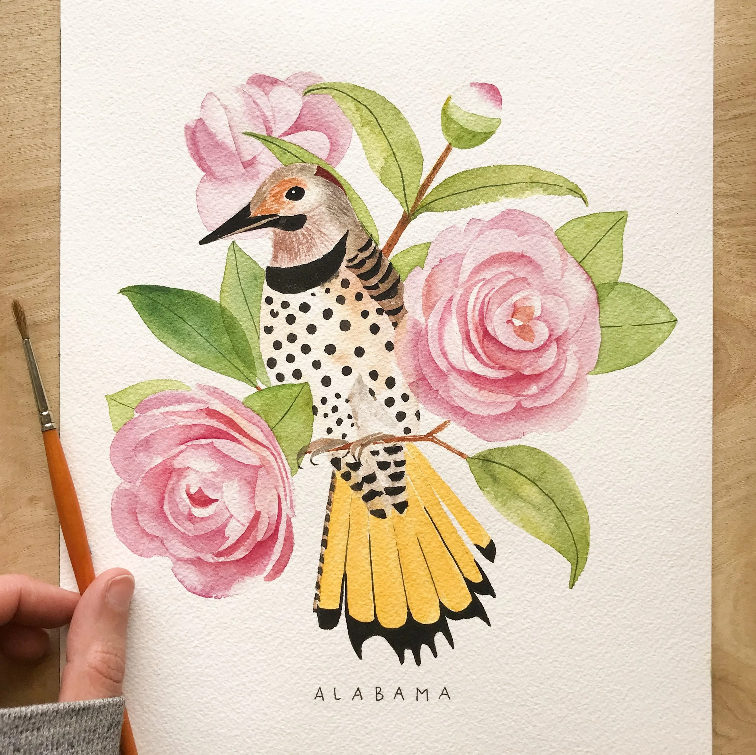 Alabama State Bird and Flower Watercolor Painting