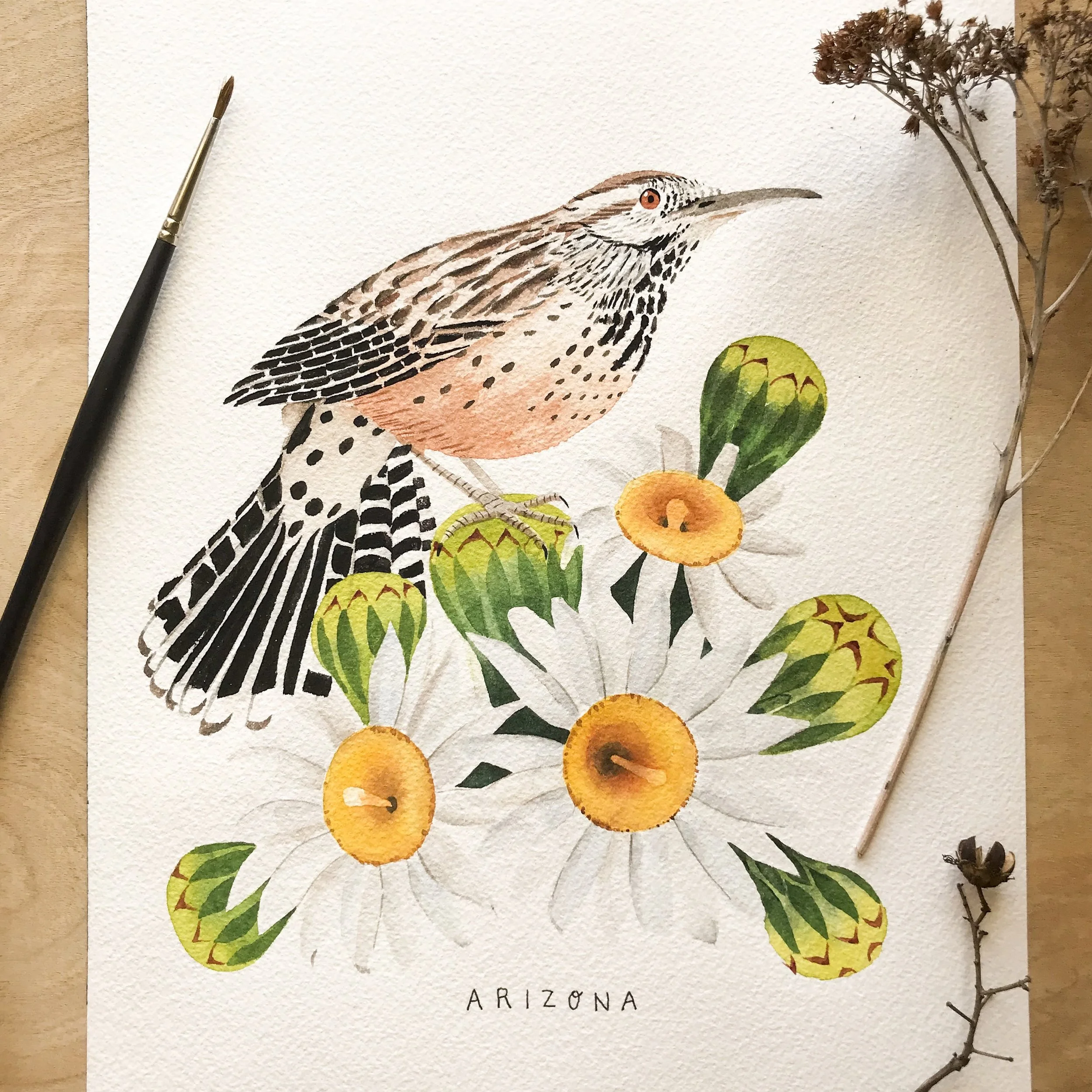 Arizona State Bird and Flower Watercolor Painting