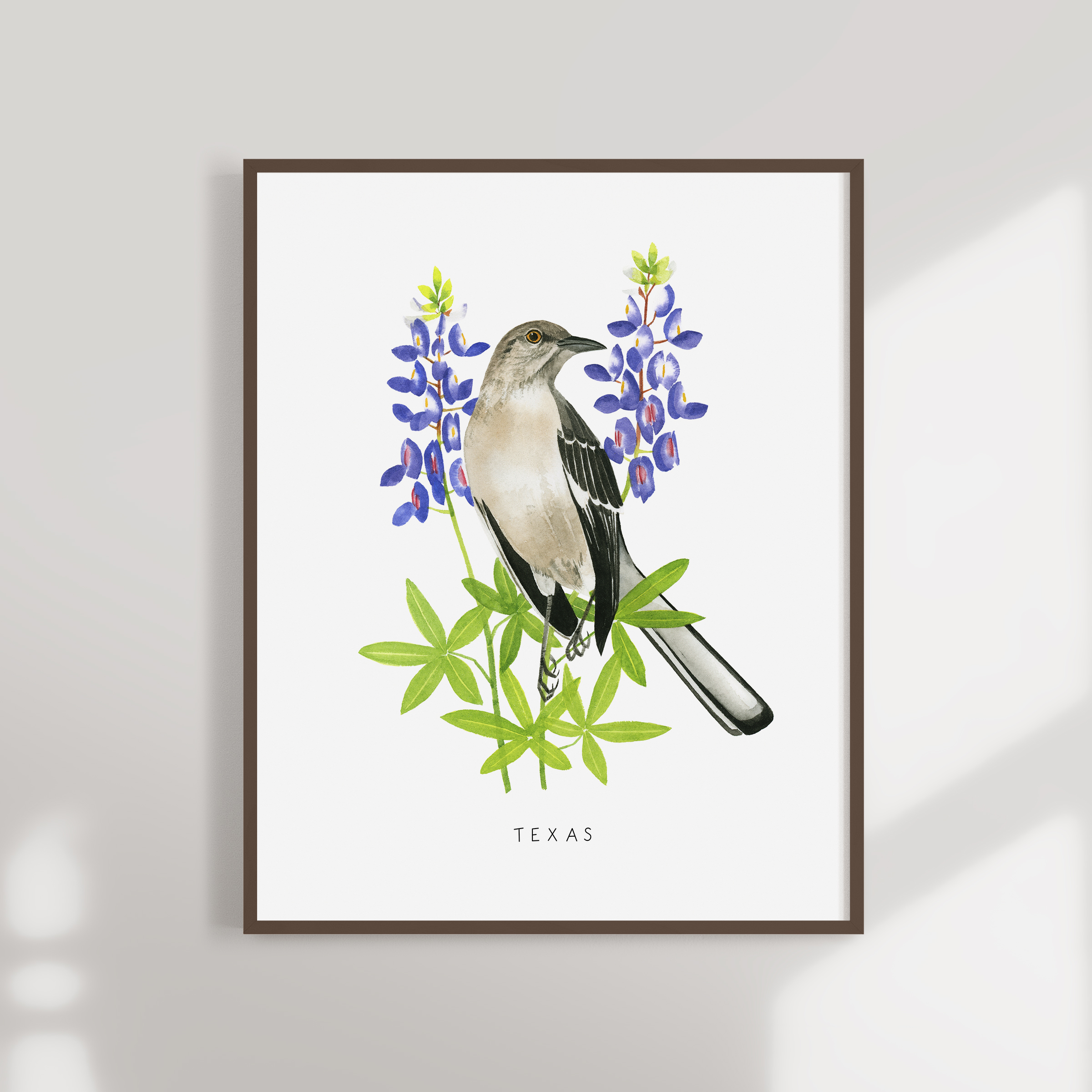 Texas Mockingbird and Bluebonnet Watercolor Art Print