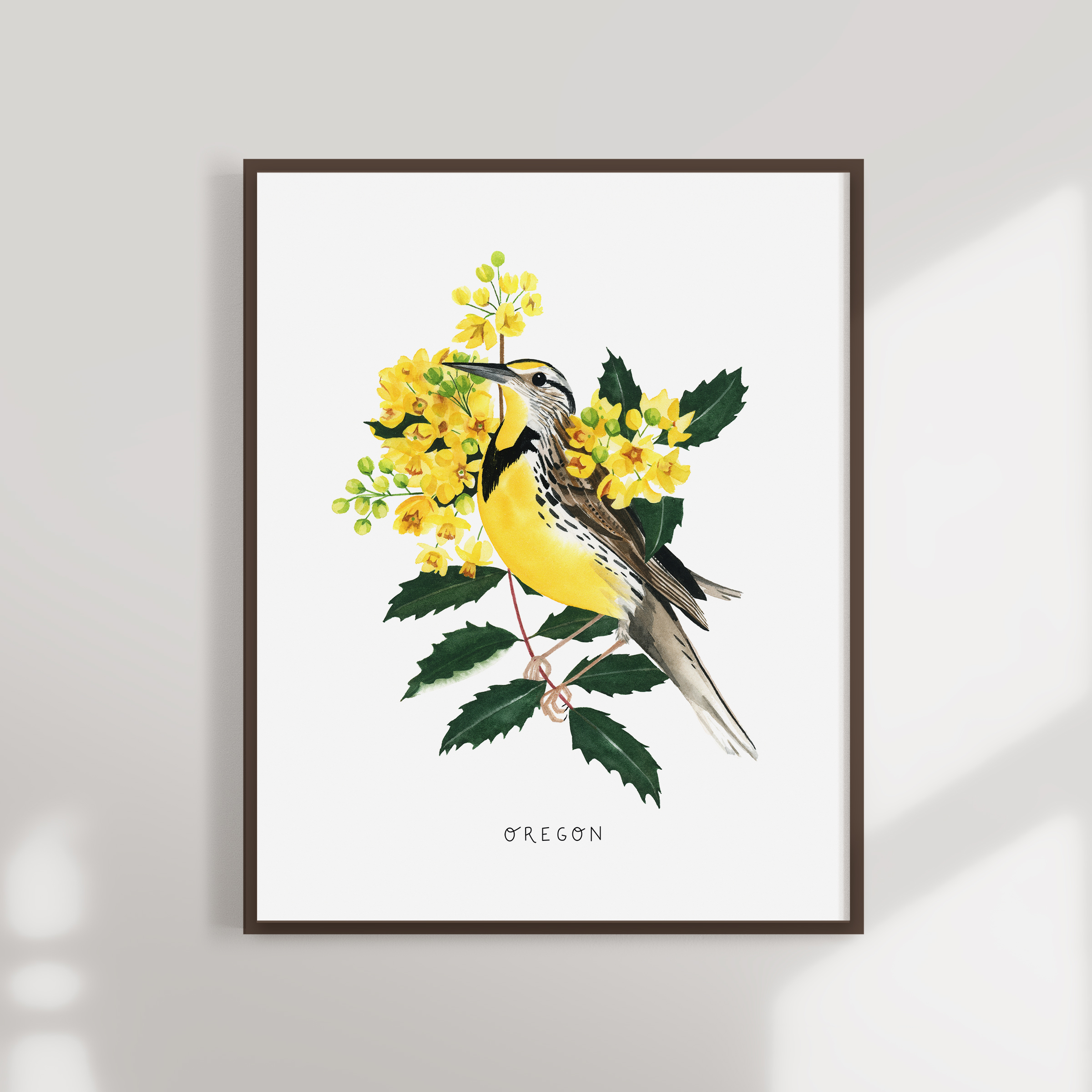 Oregon Western Meadowlark and Grape Blossom State Bird Artwork