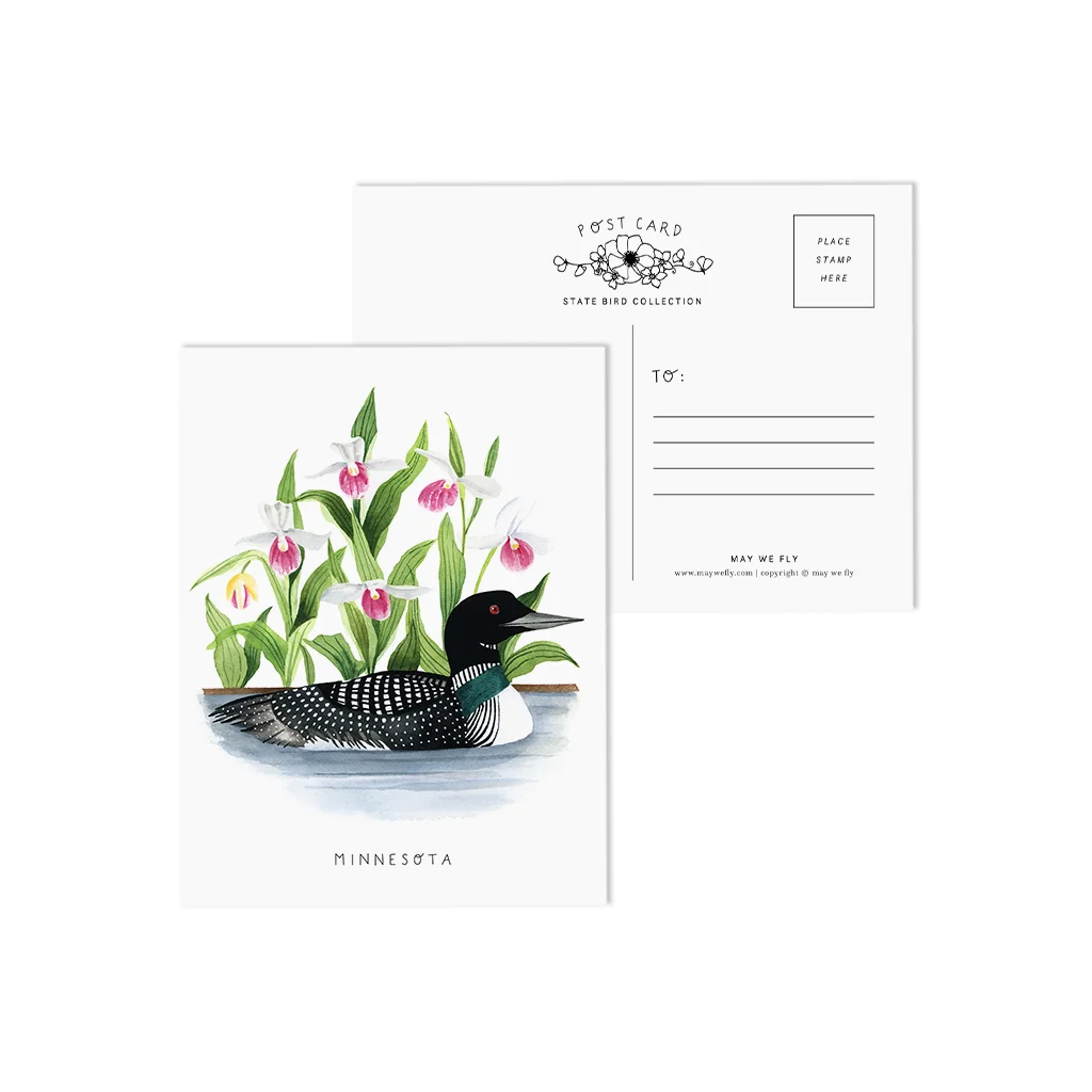 Minnesota Loon and Pink and White Ladyslipper State Bird Postcards