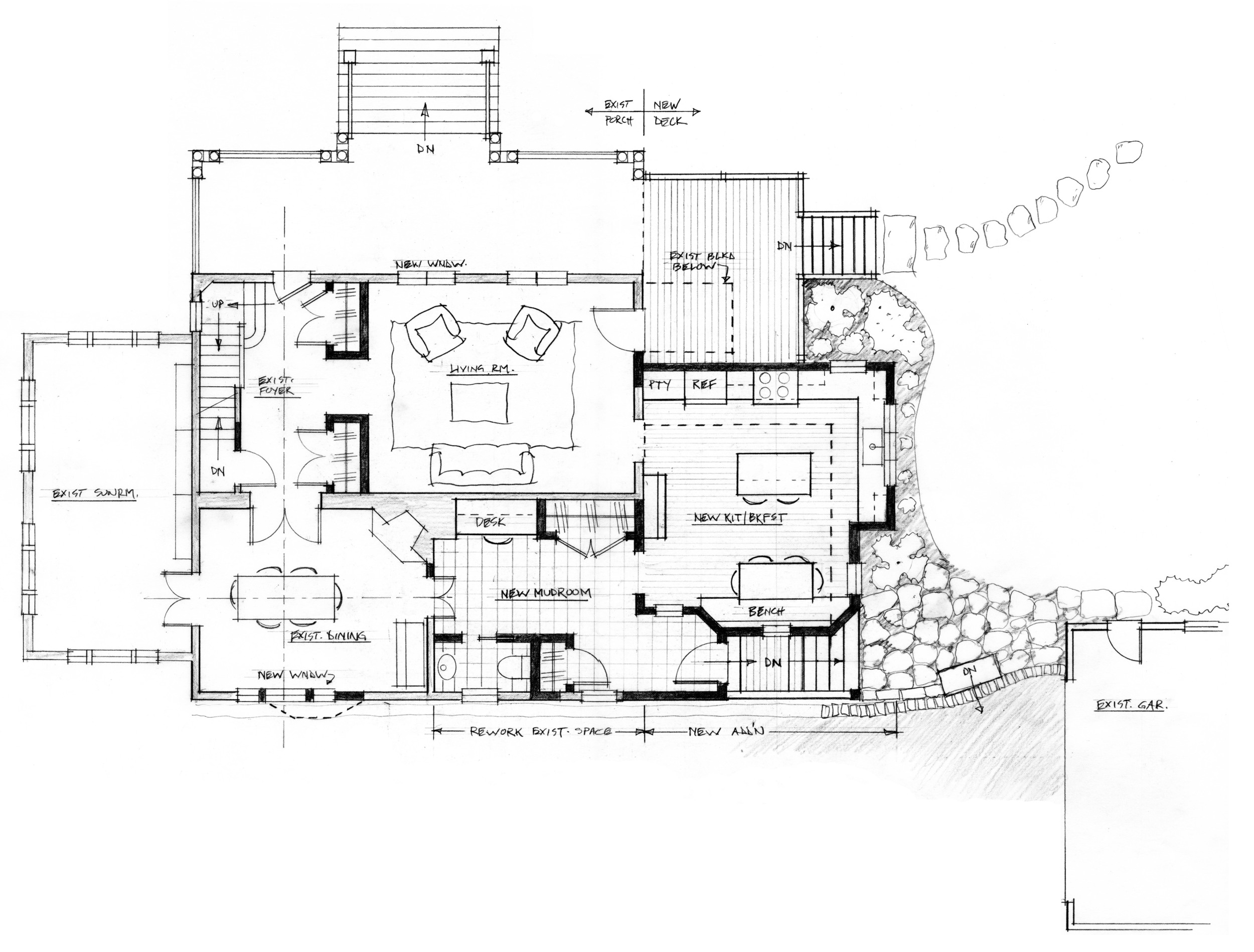 The existing walls are light gray; the added and/or renovated areas have black walls. 