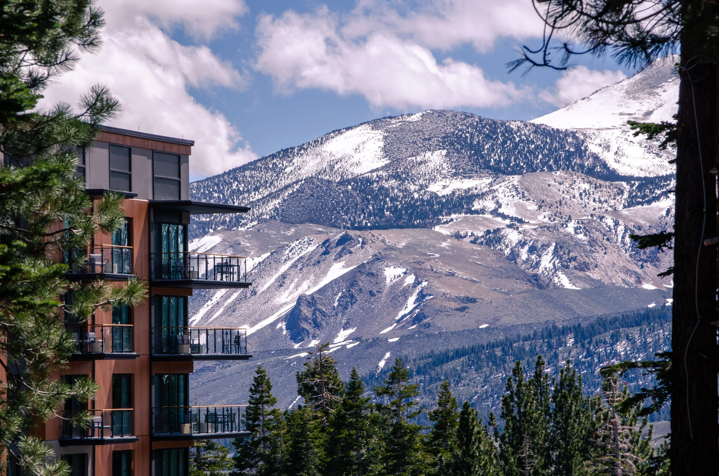 A hotel in Mammoth Mountain surrounded by evergreen trees, with a snow-covered mountain in the background under cloudy sky.